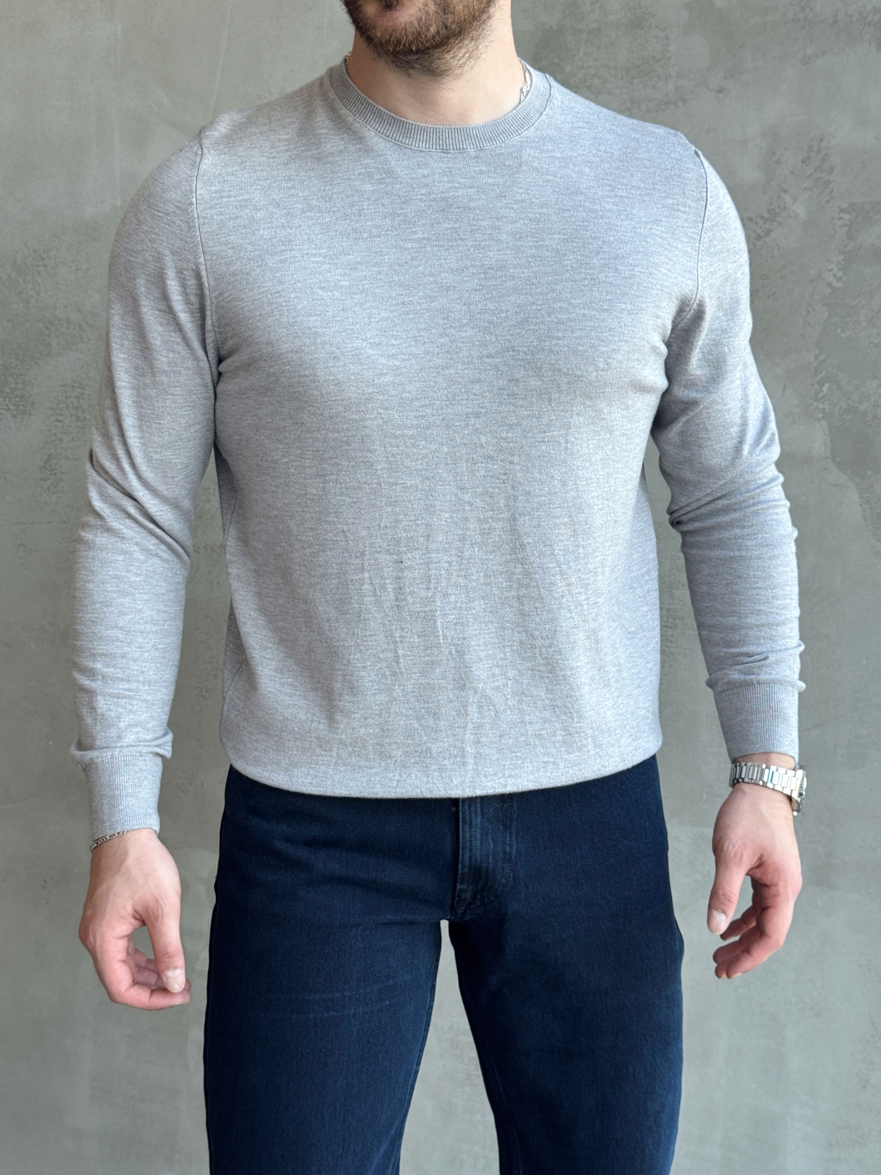 Erkek Trend Model Regular Fit Bisiklet Yaka Ribana Detay İnce Triko Kazak-Gri(E1808)