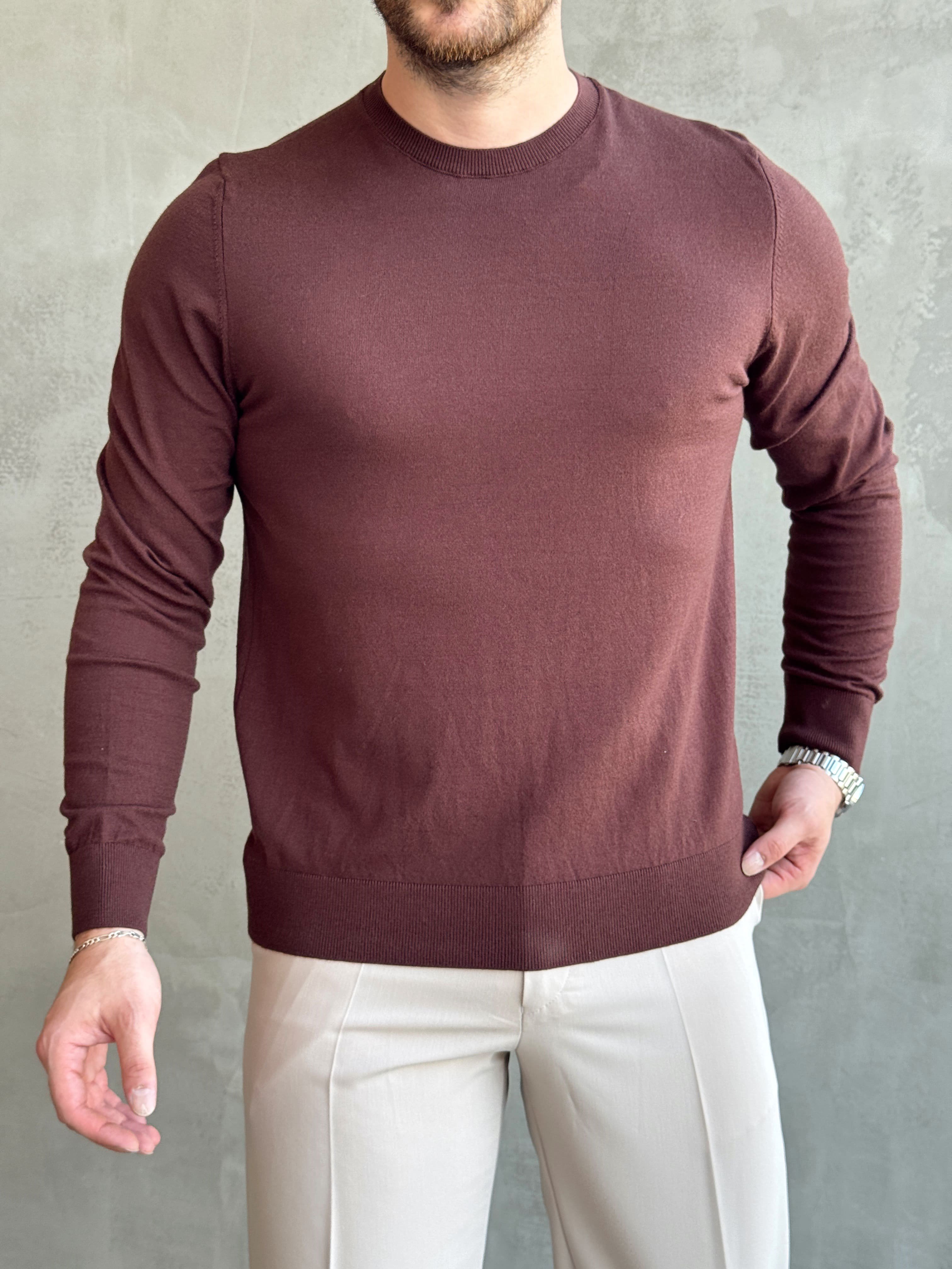 Erkek Trend Model Regular Fit Bisiklet Yaka Ribana Detay İnce Triko Kazak-Kahverengi(E1808)