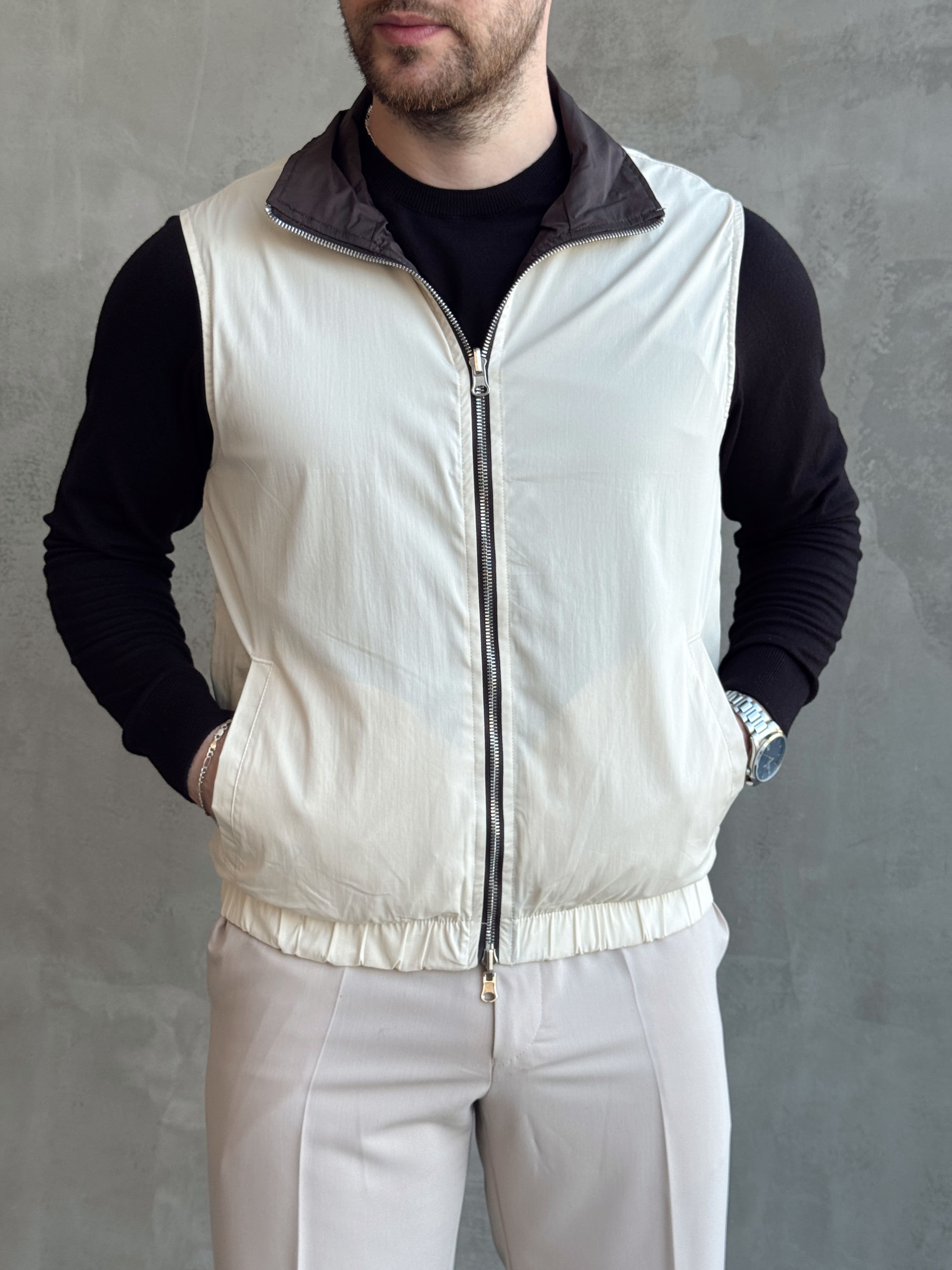Erkek Trend Model Regular Fit Dokuma Kumaş Çift Taraf Görünümlü Yelek-Krem/Kahverengi(E1812)
