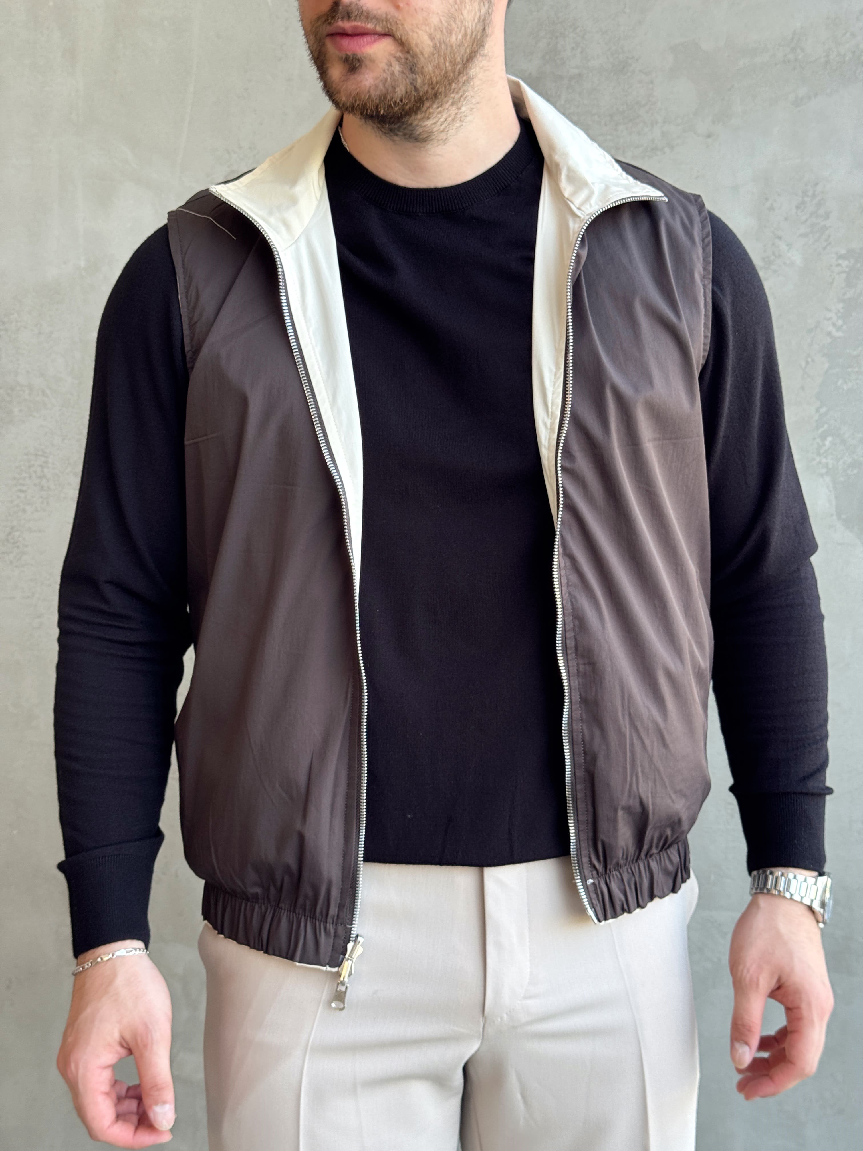 Erkek Trend Model Regular Fit Dokuma Kumaş Çift Taraf Görünümlü Yelek-Krem/Kahverengi(E1812)