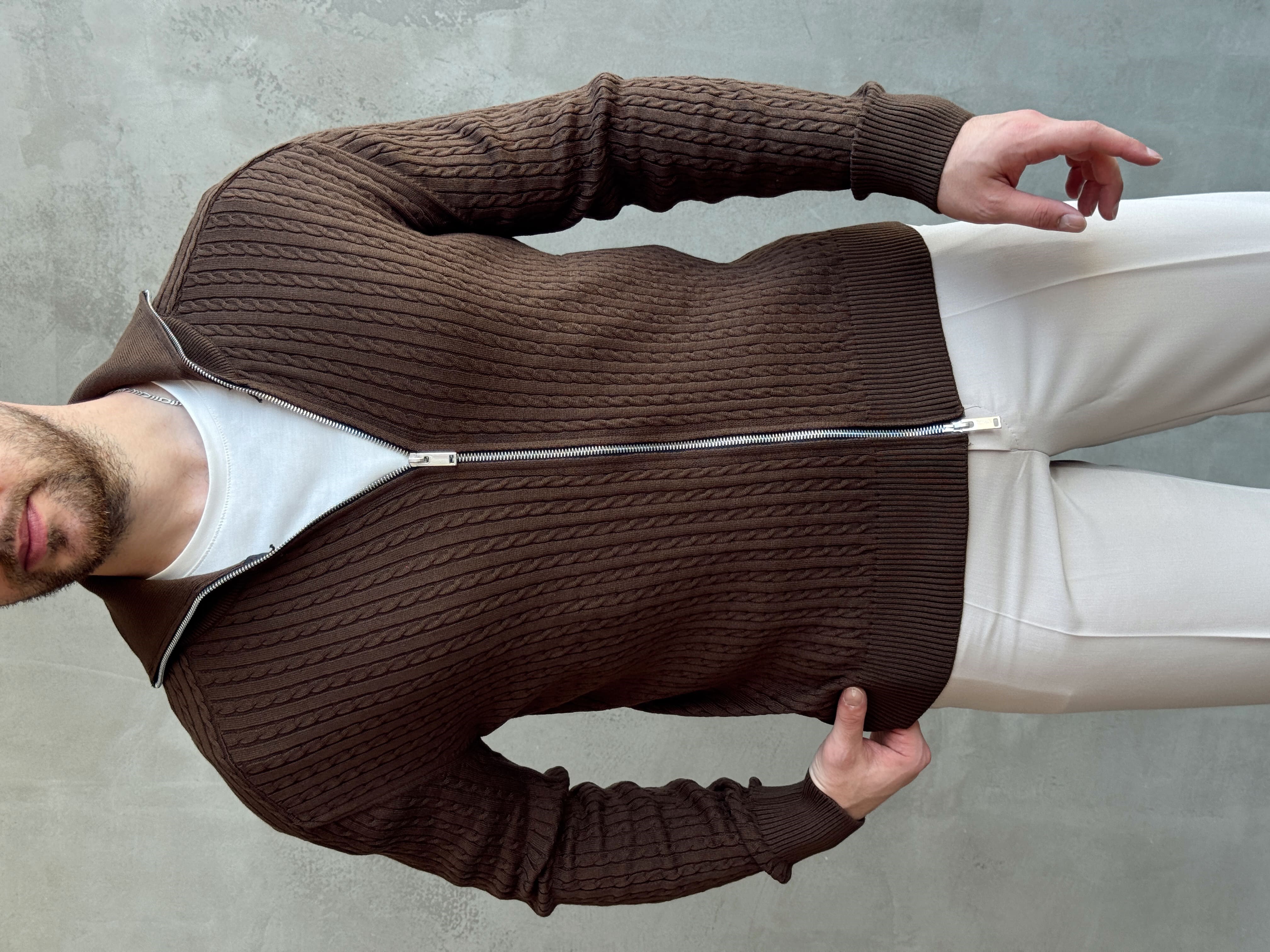 Erkek Trend Model Regular Fit Halat Desenli Ribana Detaylı Triko Hırka-Kahverengi(E1809)