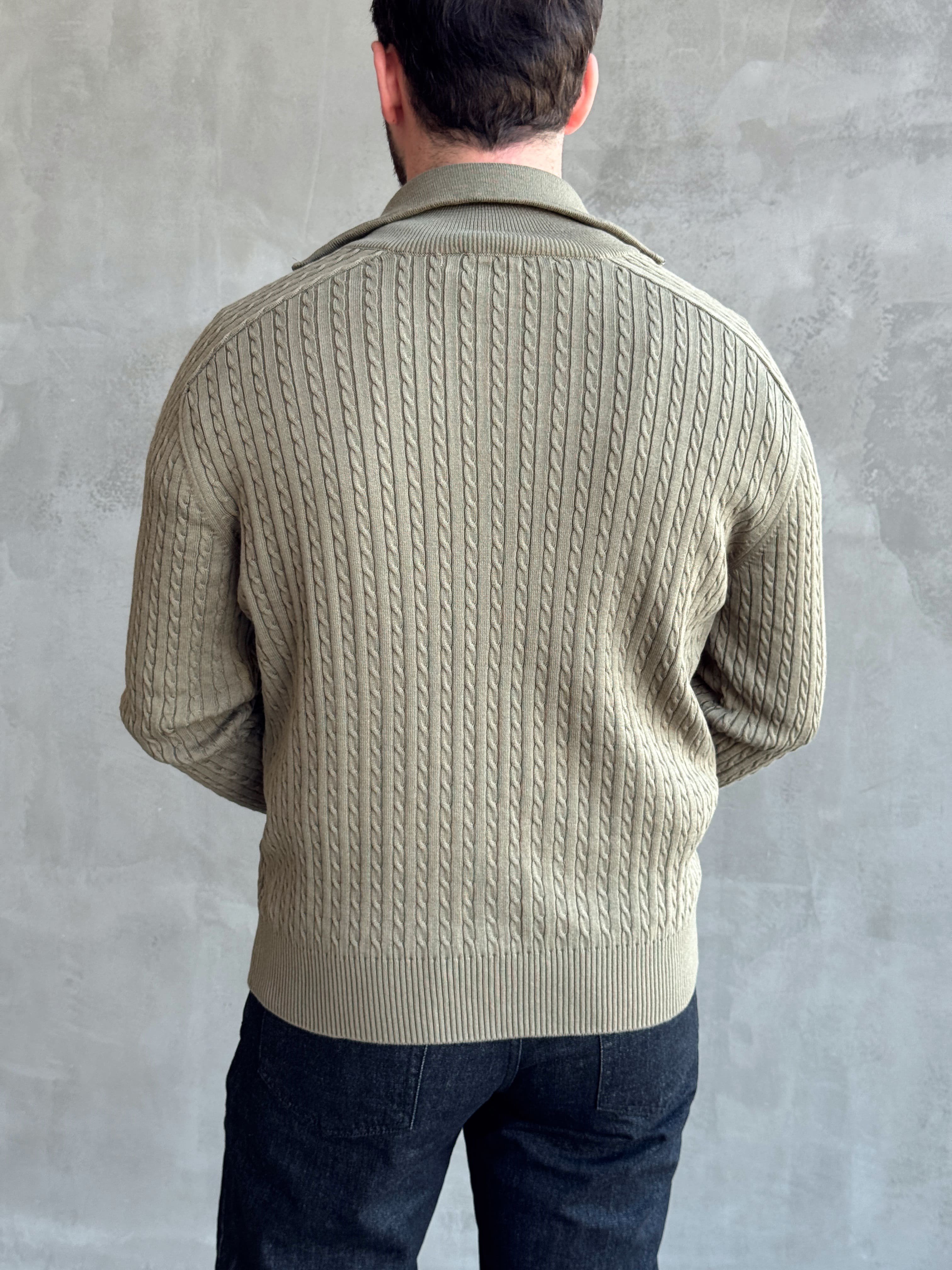 Erkek Trend Model Regular Fit Halat Desenli Ribana Detaylı Triko Hırka-Haki(E1809)