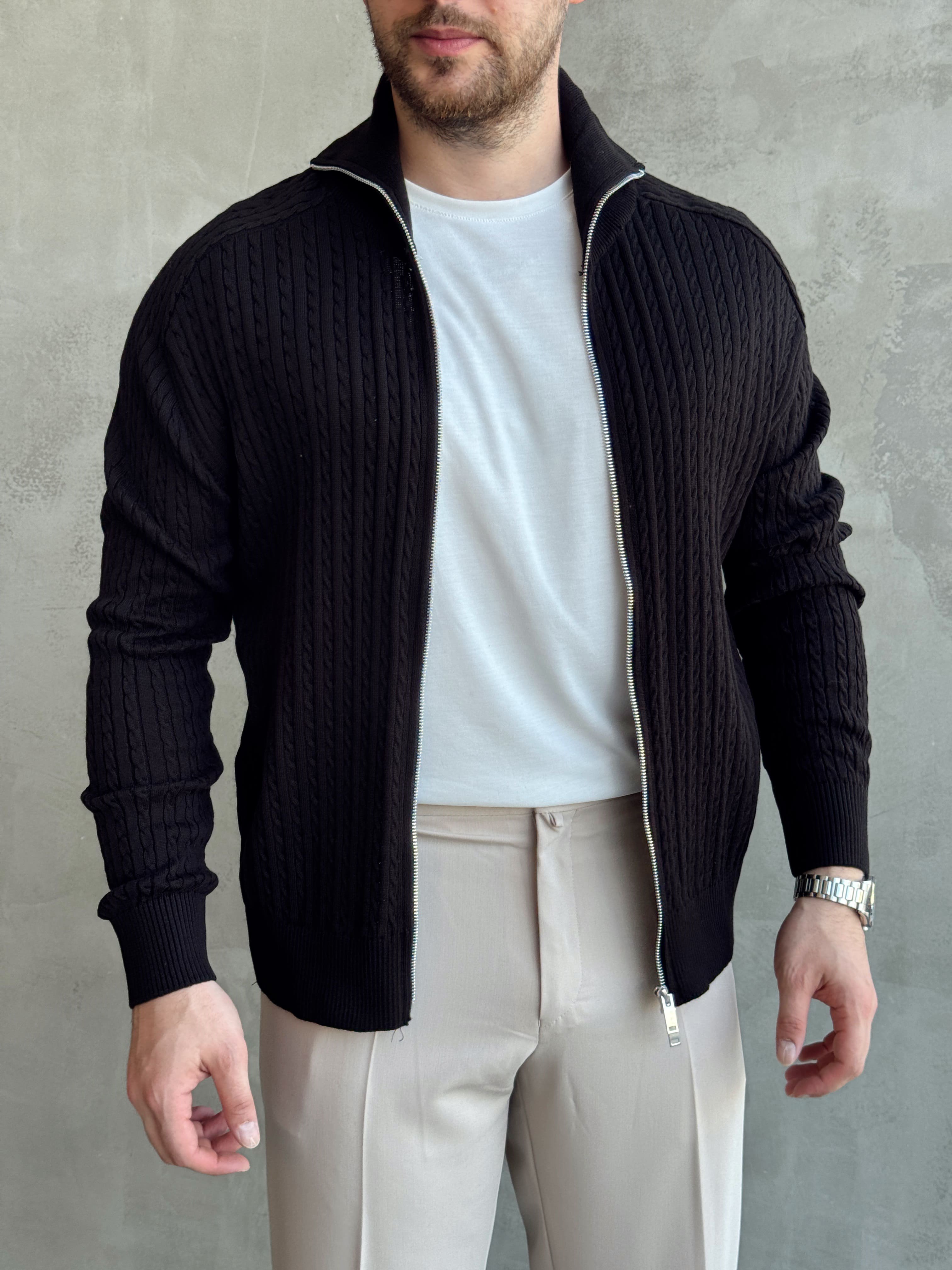 Erkek Trend Model Regular Fit Halat Desenli Ribana Detaylı Triko Hırka-Siyah(E1809)