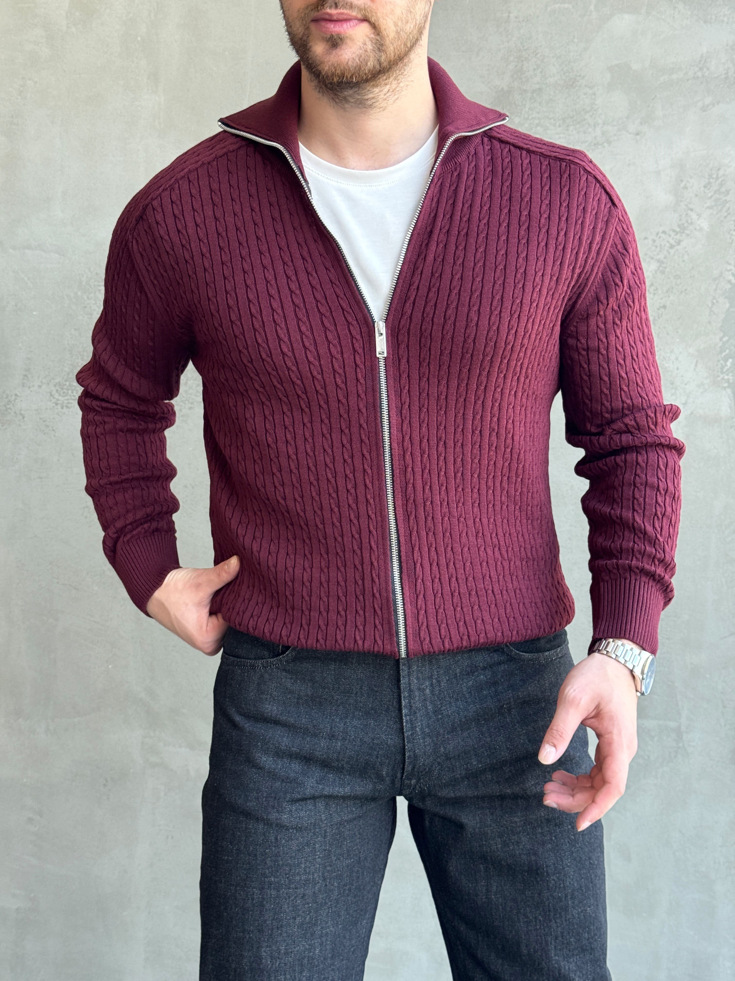 Erkek Trend Model Regular Fit Halat Desenli Ribana Detaylı Triko Hırka-Bordo(E1809)