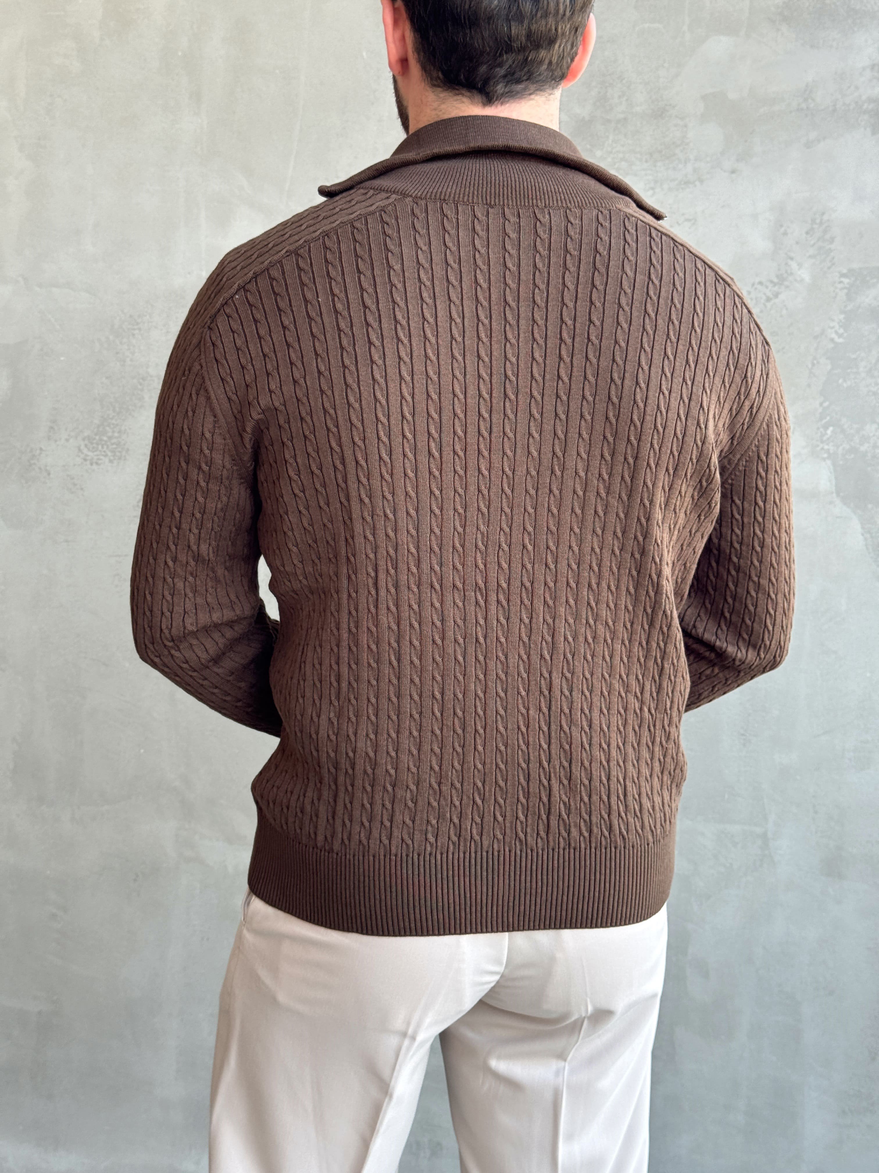 Erkek Trend Model Regular Fit Halat Desenli Ribana Detaylı Triko Hırka-Kahverengi(E1809)