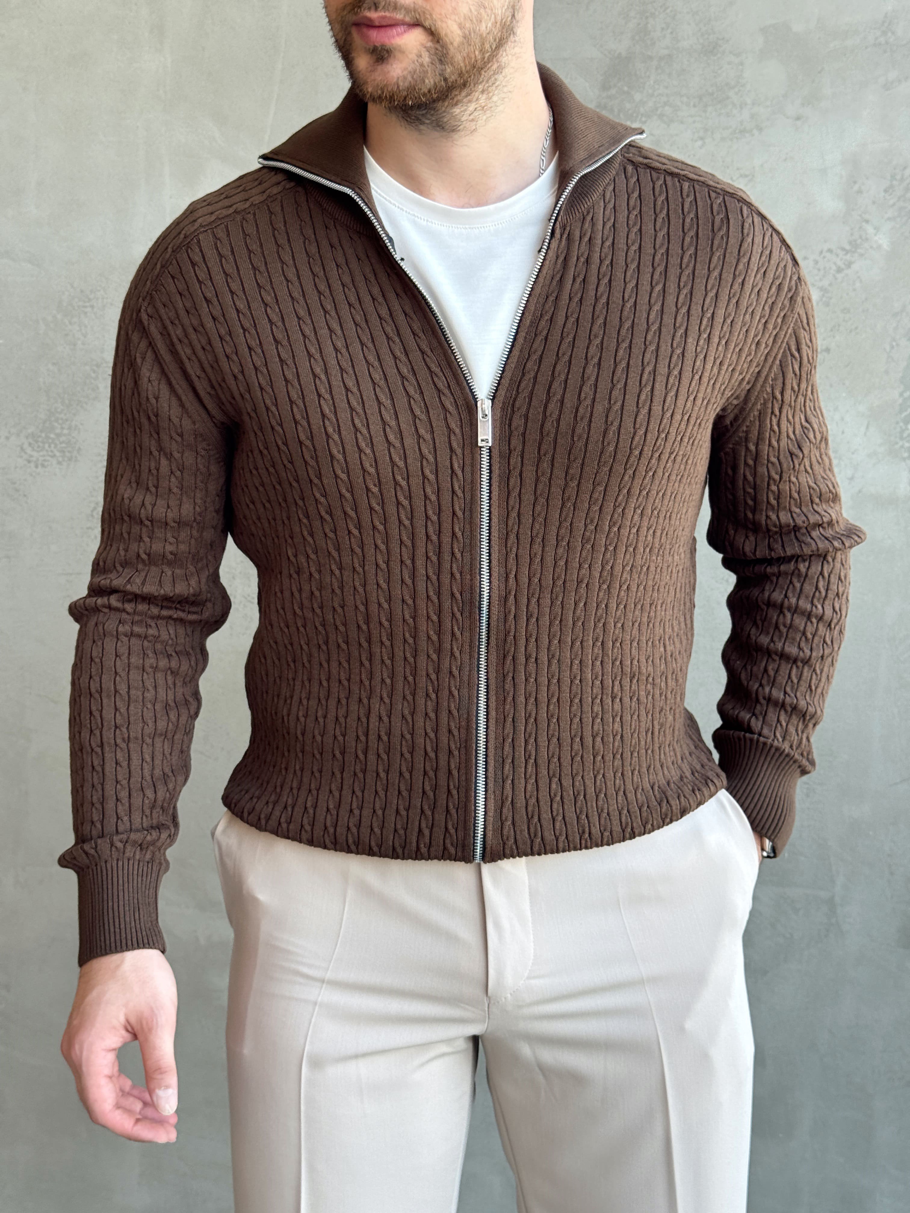 Erkek Trend Model Regular Fit Halat Desenli Ribana Detaylı Triko Hırka-Kahverengi(E1809)