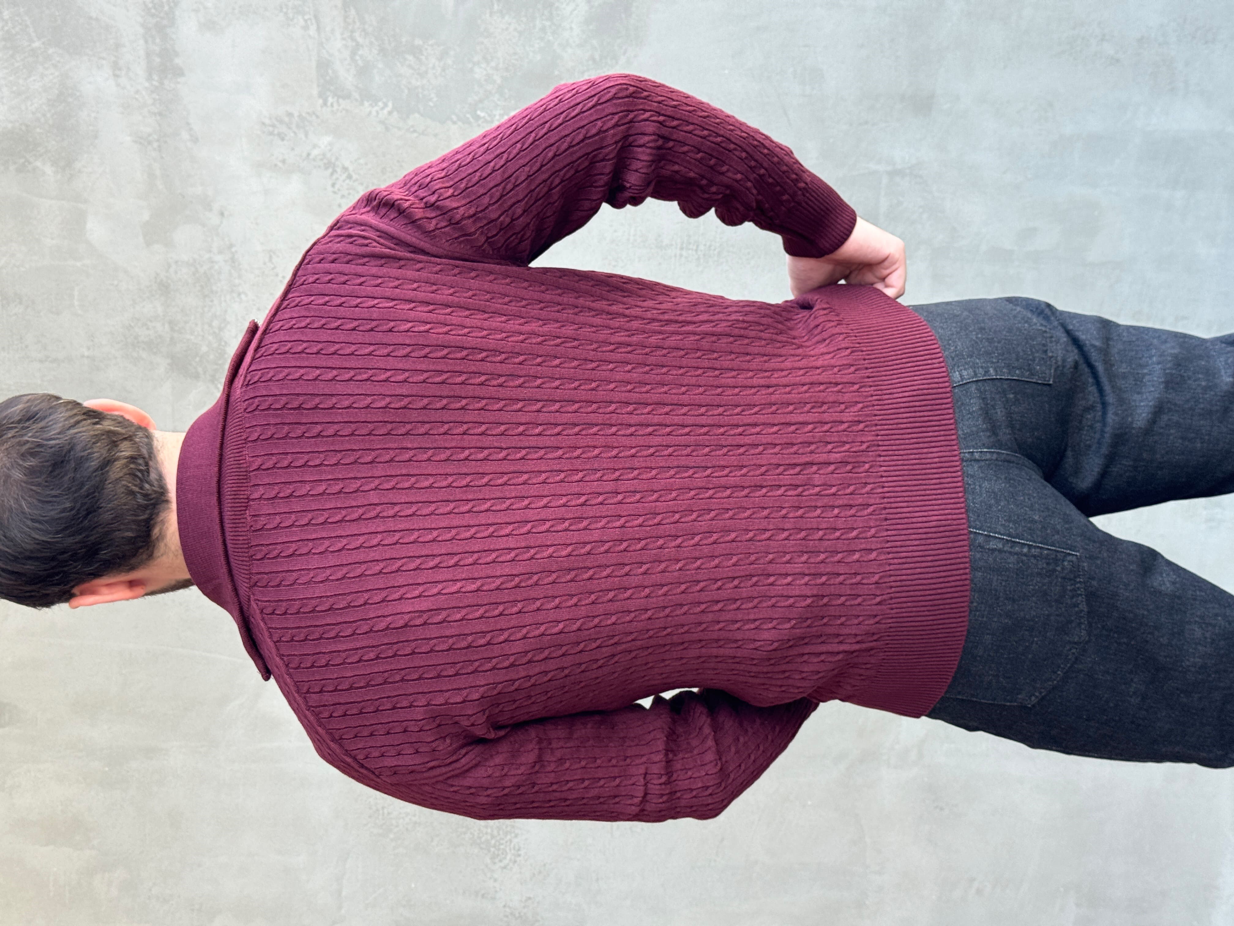 Erkek Trend Model Regular Fit Halat Desenli Ribana Detaylı Triko Hırka-Bordo(E1809)