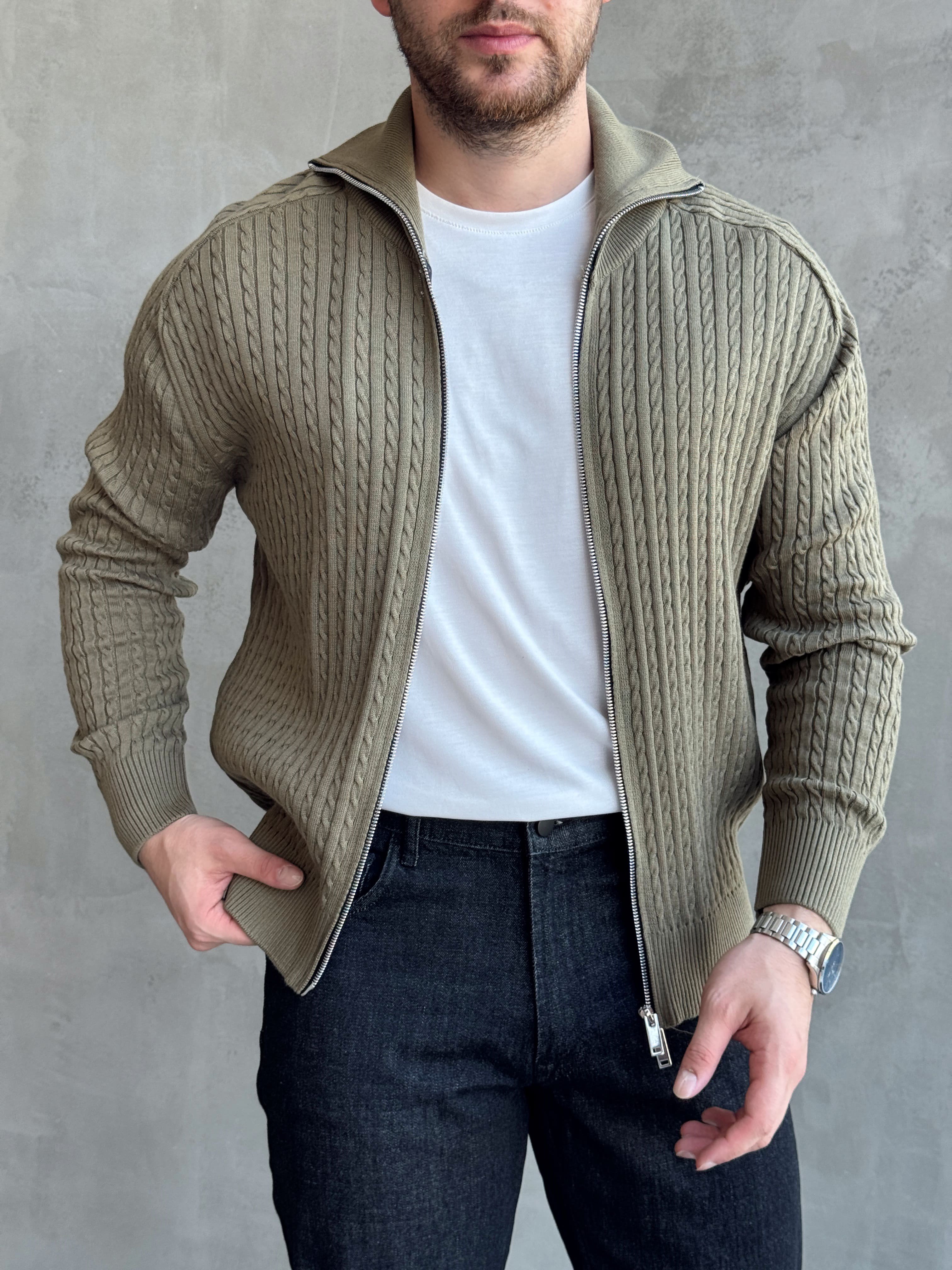 Erkek Trend Model Regular Fit Halat Desenli Ribana Detaylı Triko Hırka-Haki(E1809)