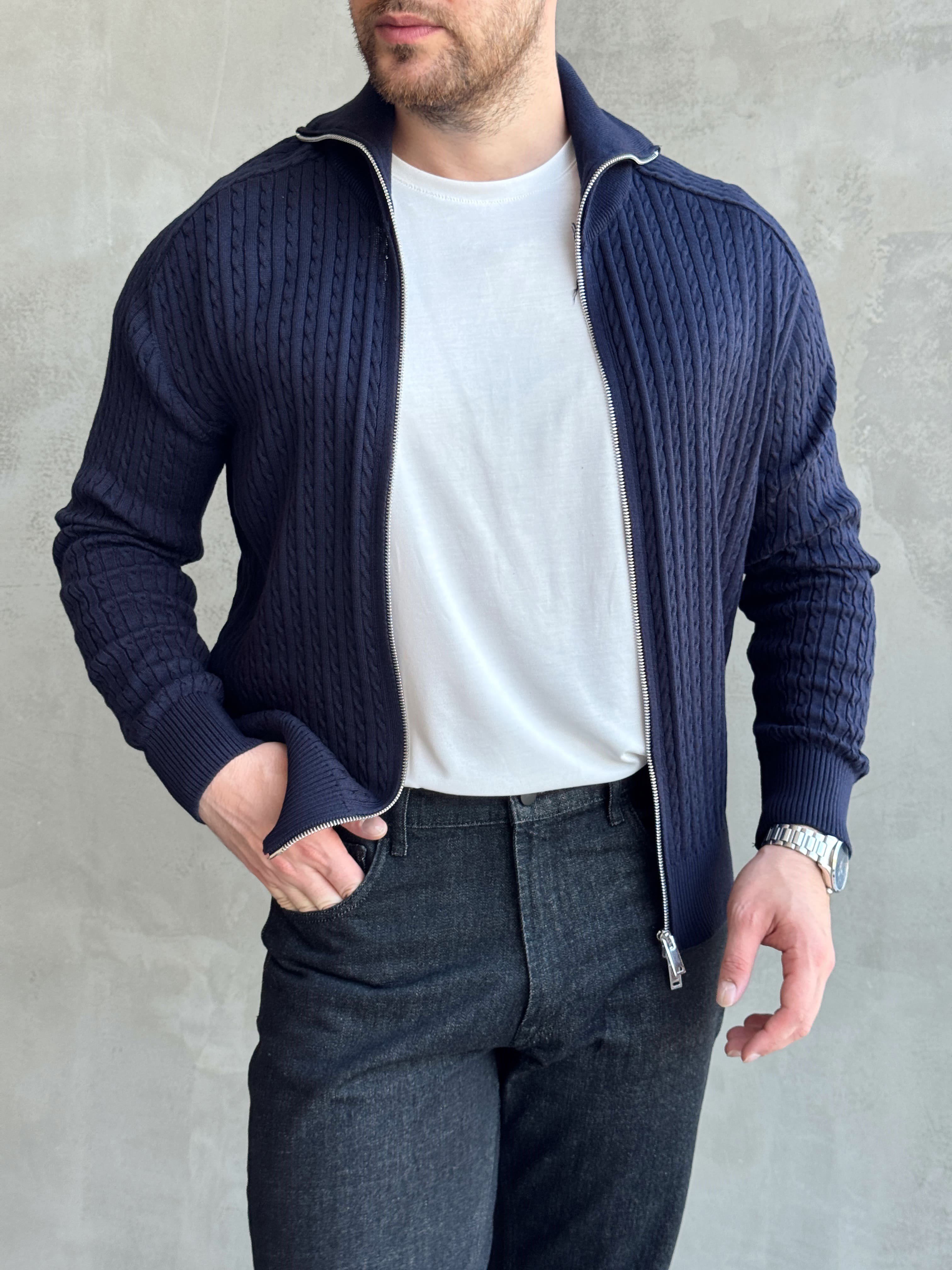 Erkek Trend Model Regular Fit Halat Desenli Ribana Detaylı Triko Hırka-Lacivert(E1809)