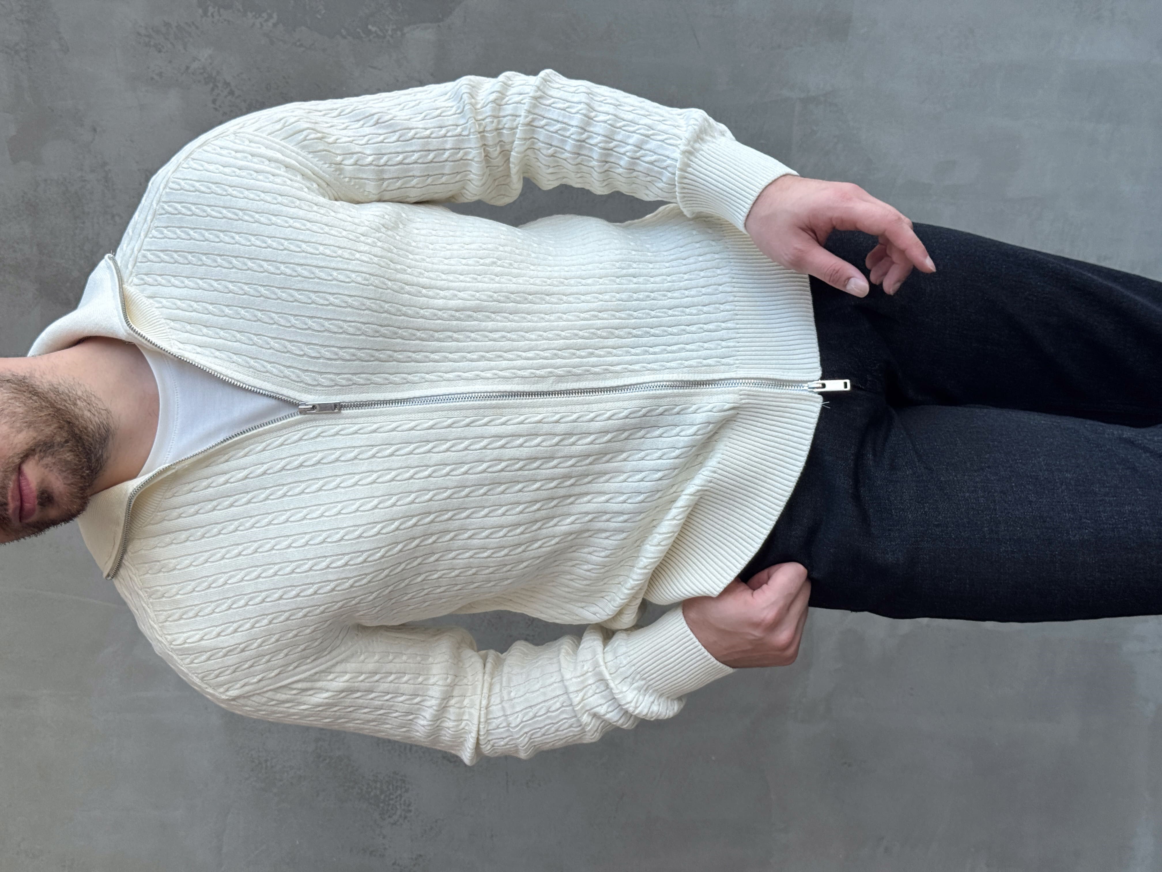Erkek Trend Model Regular Fit Halat Desenli Ribana Detaylı Triko Hırka-Ekru(E1809)