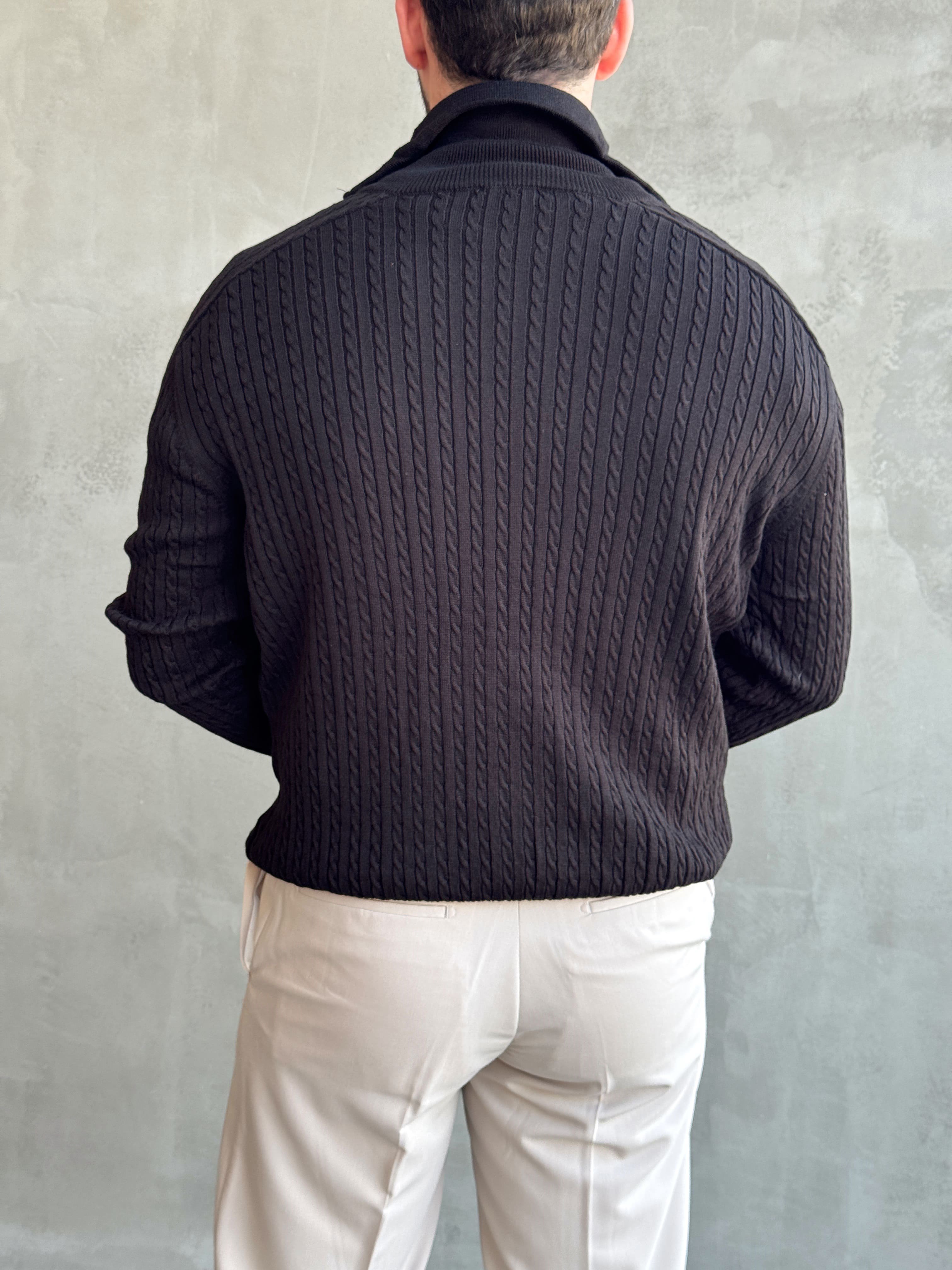 Erkek Trend Model Regular Fit Halat Desenli Ribana Detaylı Triko Hırka-Siyah(E1809)
