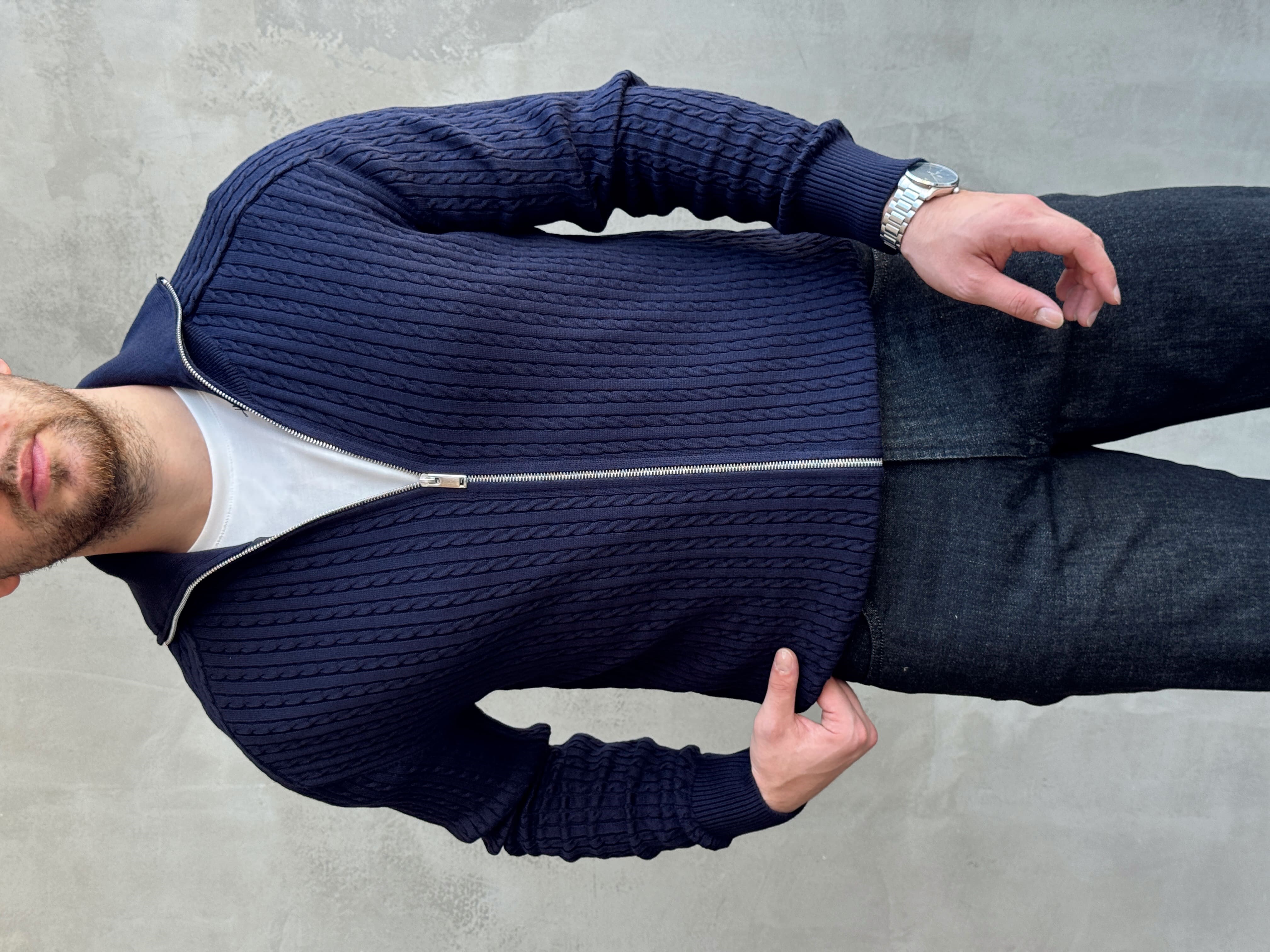 Erkek Trend Model Regular Fit Halat Desenli Ribana Detaylı Triko Hırka-Lacivert(E1809)