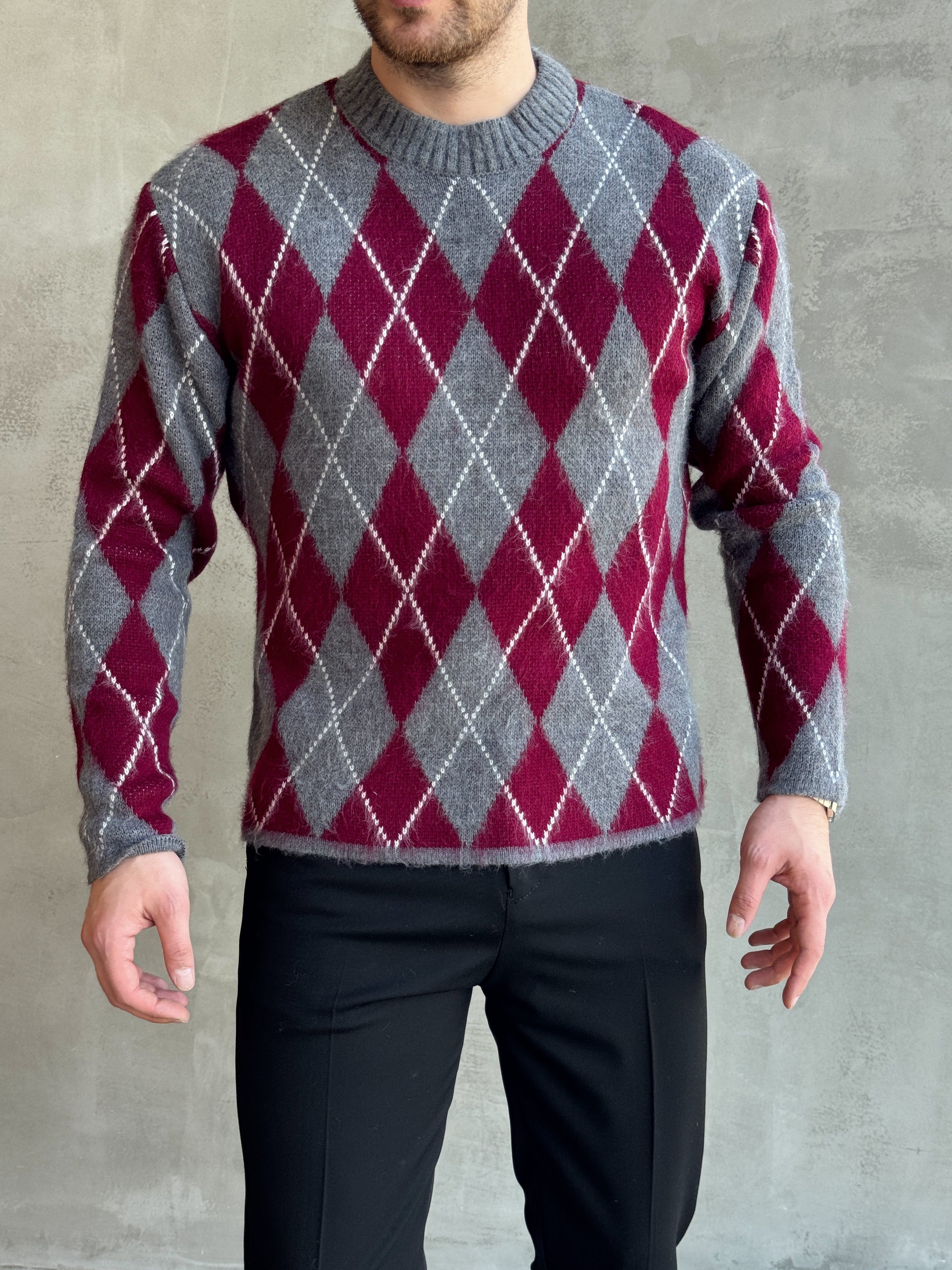 Erkek Trend Model Regular Kalıp Baklava Desenli Bisiklet Yaka Yün Triko Kazak-Bordo(E1872)
