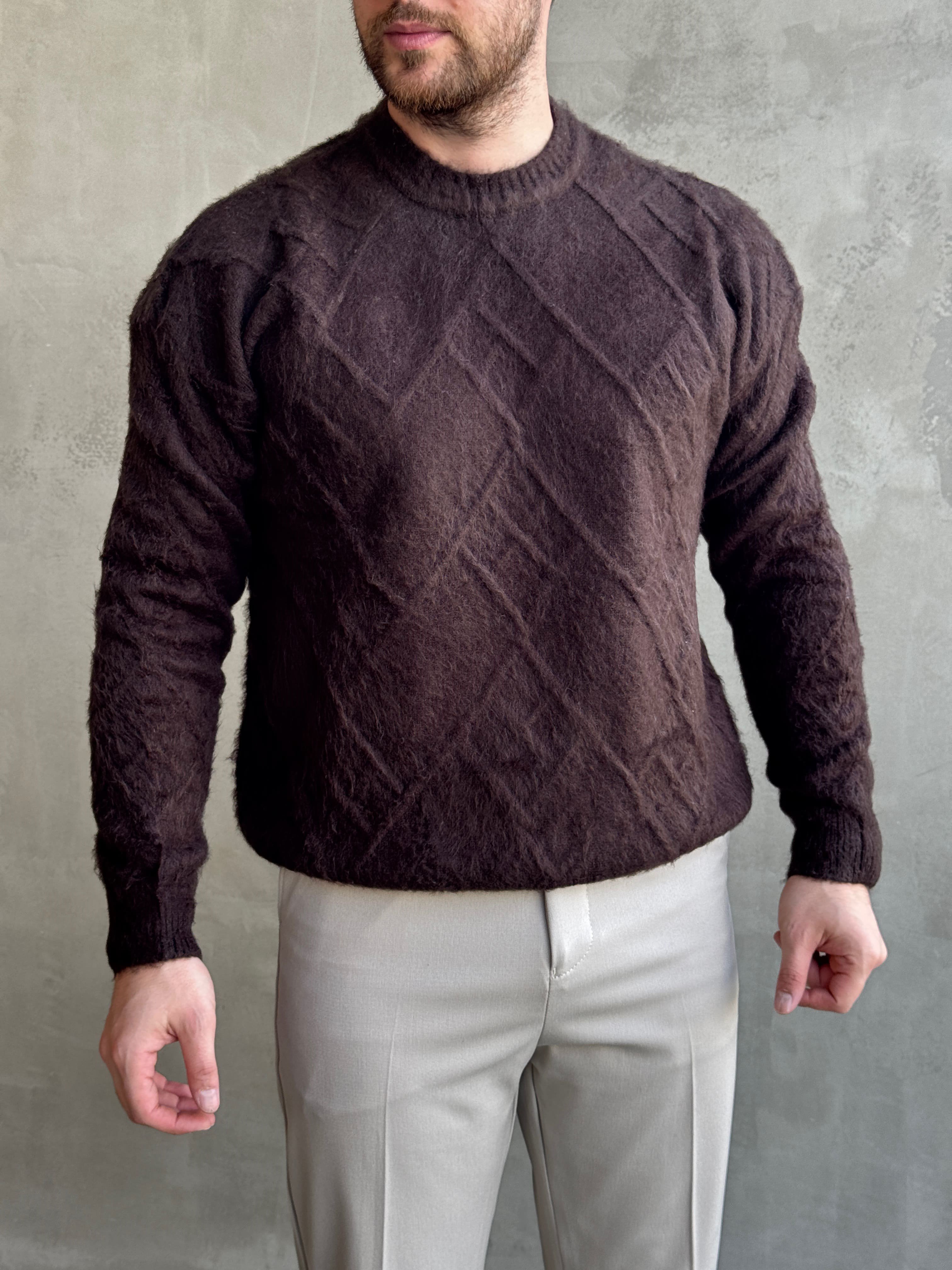 Erkek Trend Model Regular Kalıp Bisiklet Yaka Desenli Triko Kazak-Kahverengi(E1866)