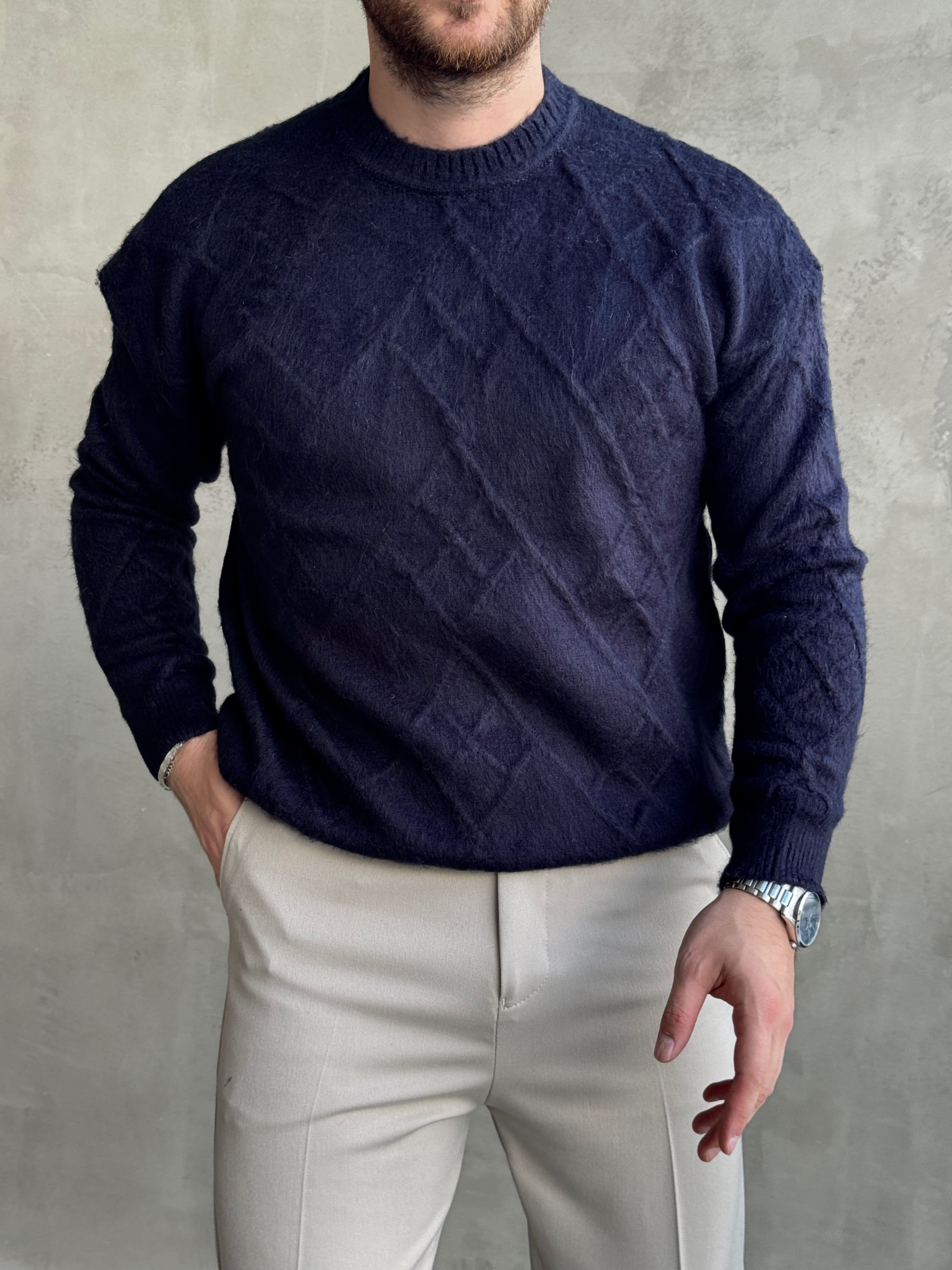 Erkek Trend Model Regular Kalıp Bisiklet Yaka Desenli Triko Kazak-Lacivert(E1866)