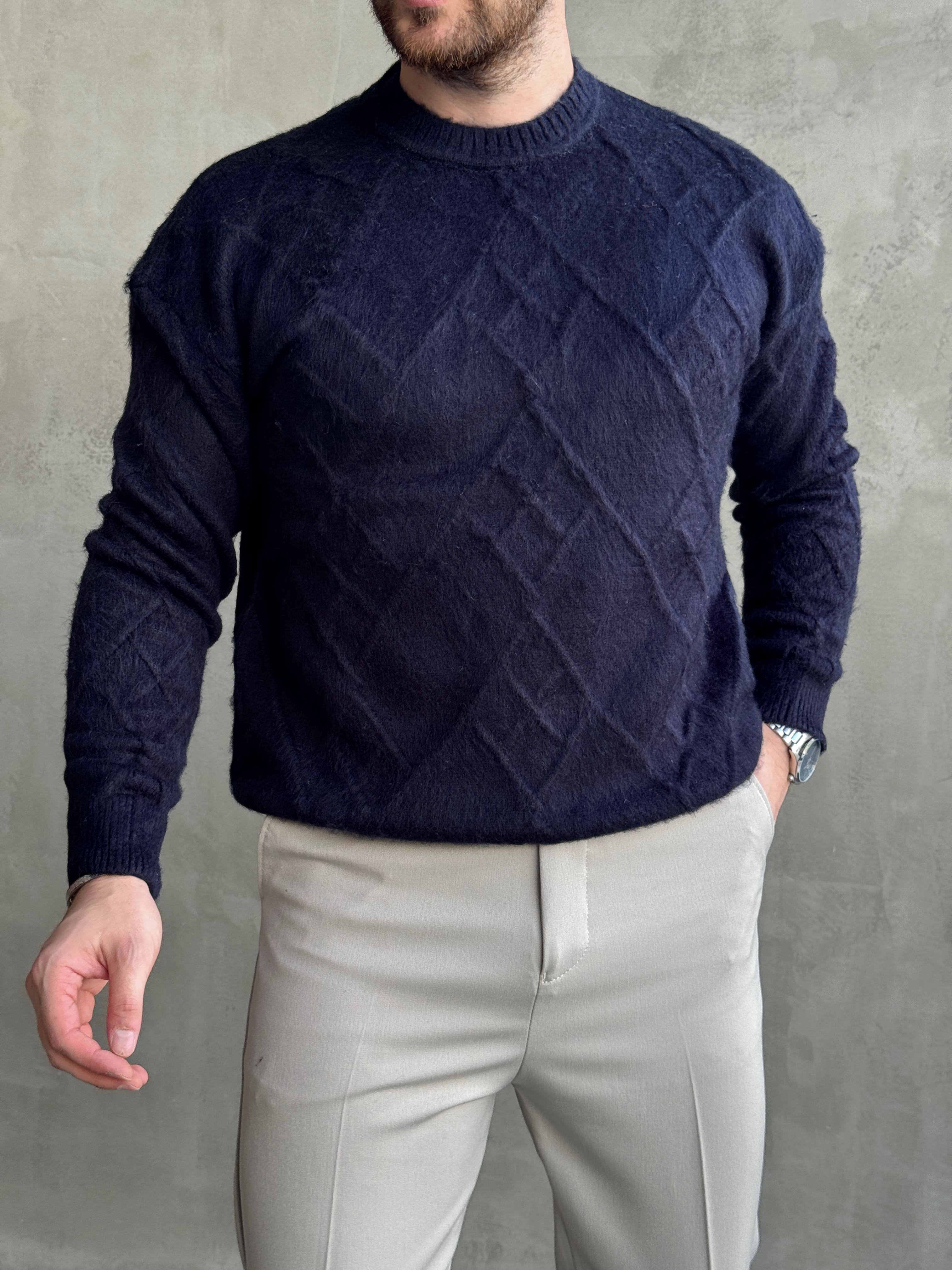 Erkek Trend Model Regular Kalıp Bisiklet Yaka Desenli Triko Kazak-Lacivert(E1866)