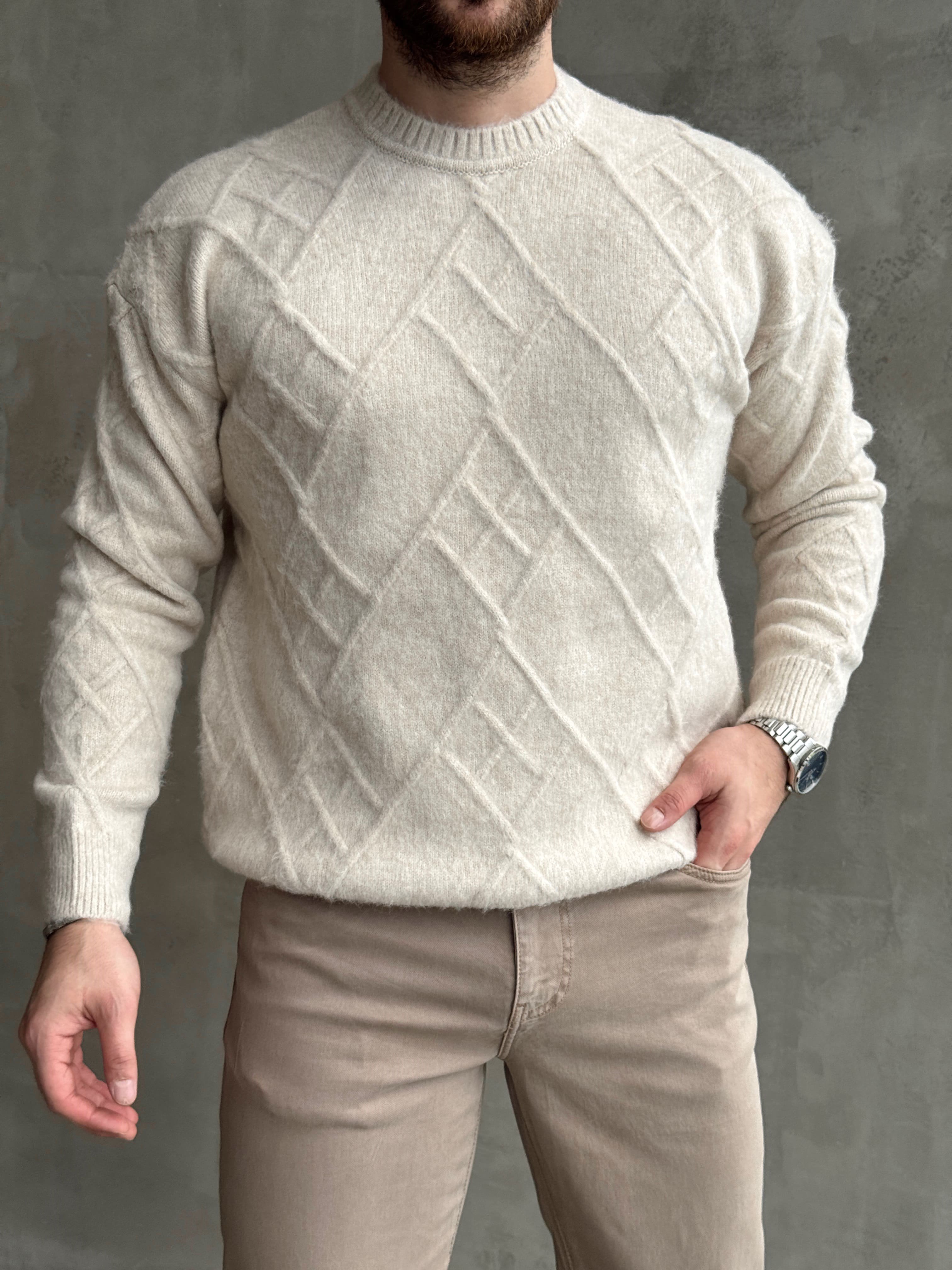 Erkek Trend Model Regular Kalıp Bisiklet Yaka Desenli Triko Kazak-Taş(E1866)