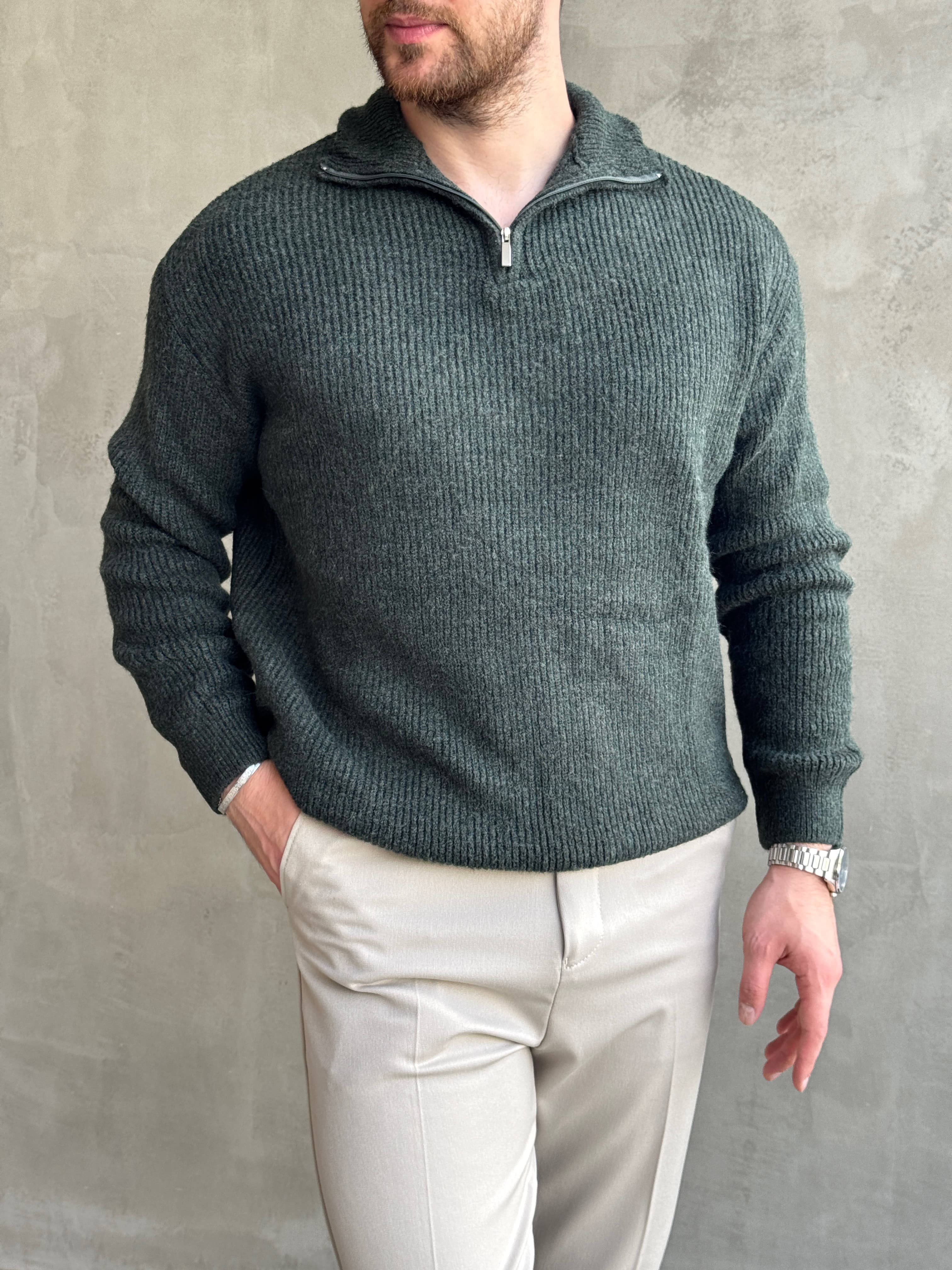 Erkek Trend Model Regular Kalıp Dik Yaka Yarım Fermuarlı Brazilian Örme Triko Kazak-Nefti(E1865)