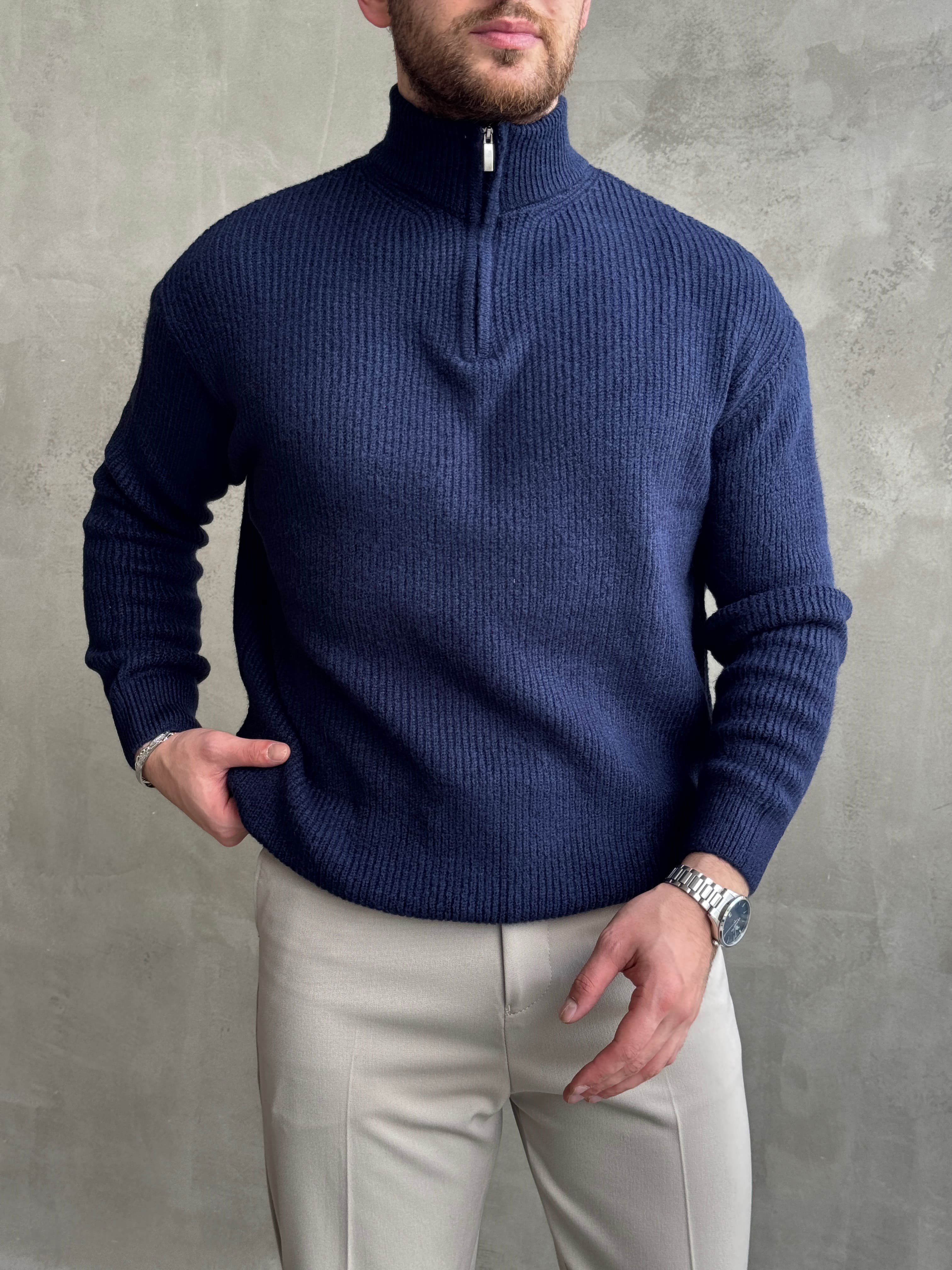 Erkek Trend Model Regular Kalıp Dik Yaka Yarım Fermuarlı Brazilian Örme Triko Kazak-Lacivert(E1865)