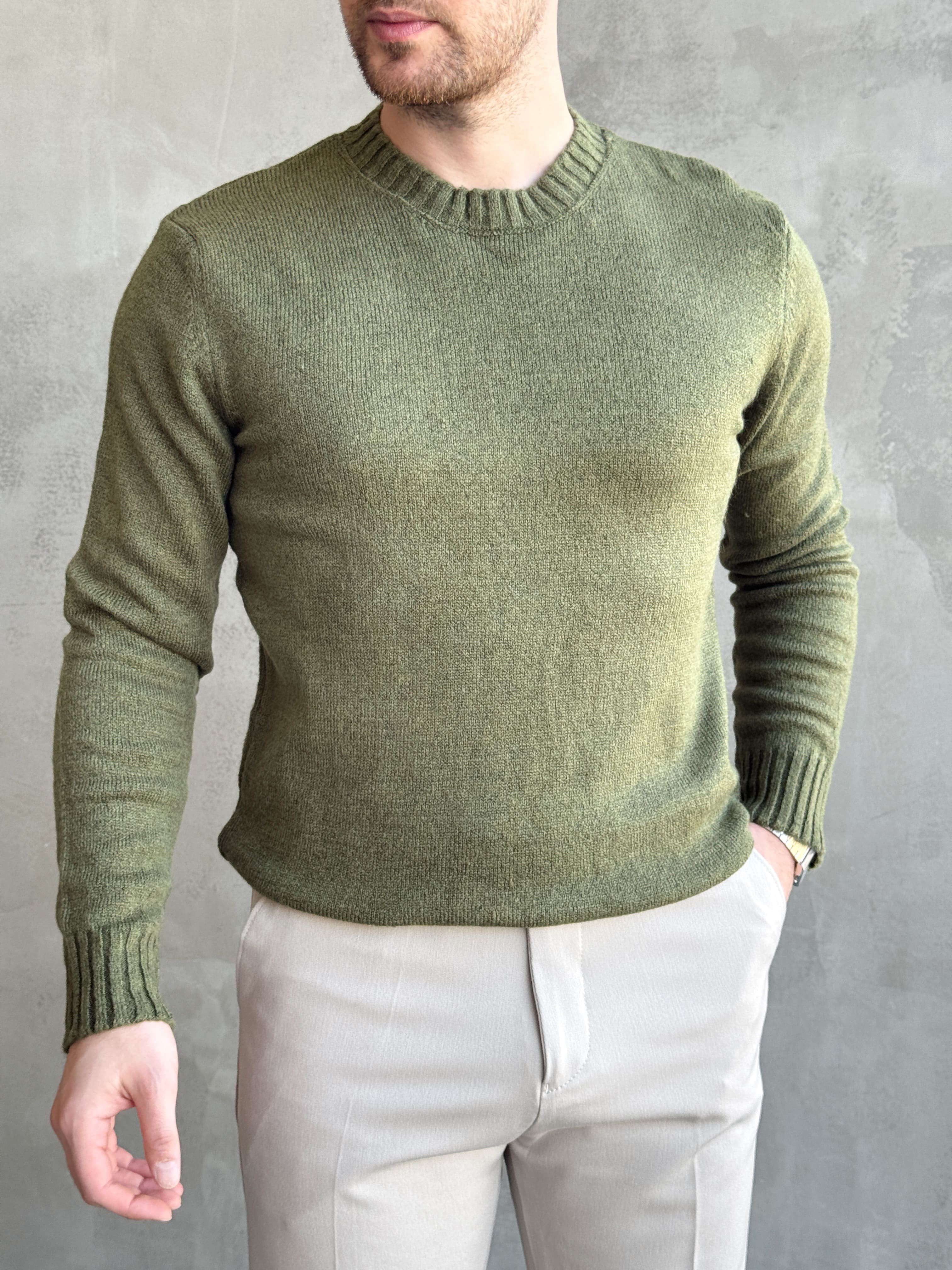 Erkek Trend Model Regular Kalıp Ribana Detaylı Bisiklet Yaka %50 Yün Triko Kazak-Haki(E1871)