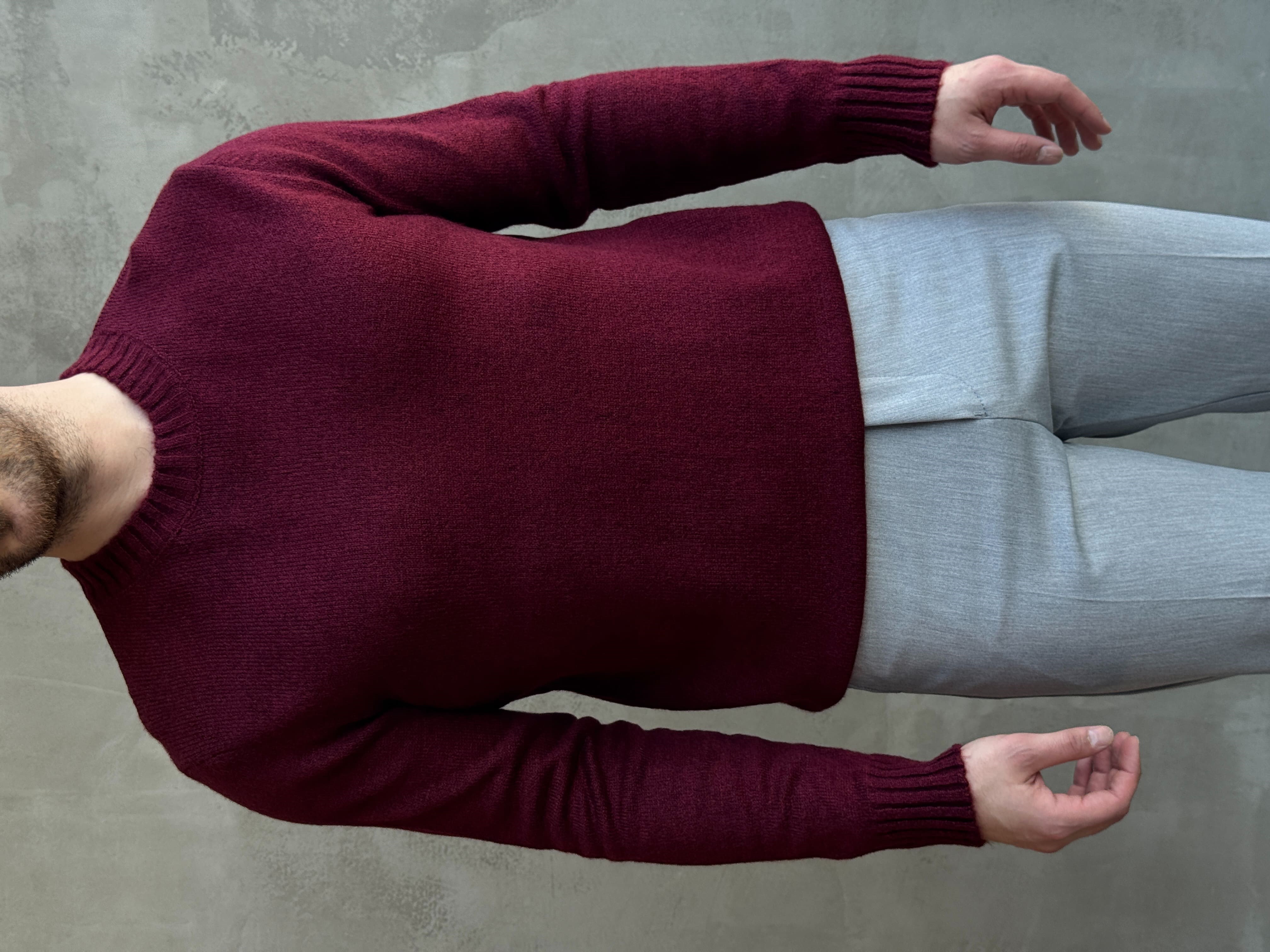 Erkek Trend Model Regular Kalıp Ribana Detaylı Bisiklet Yaka %50 Yün Triko Kazak-Bordo(E1871)