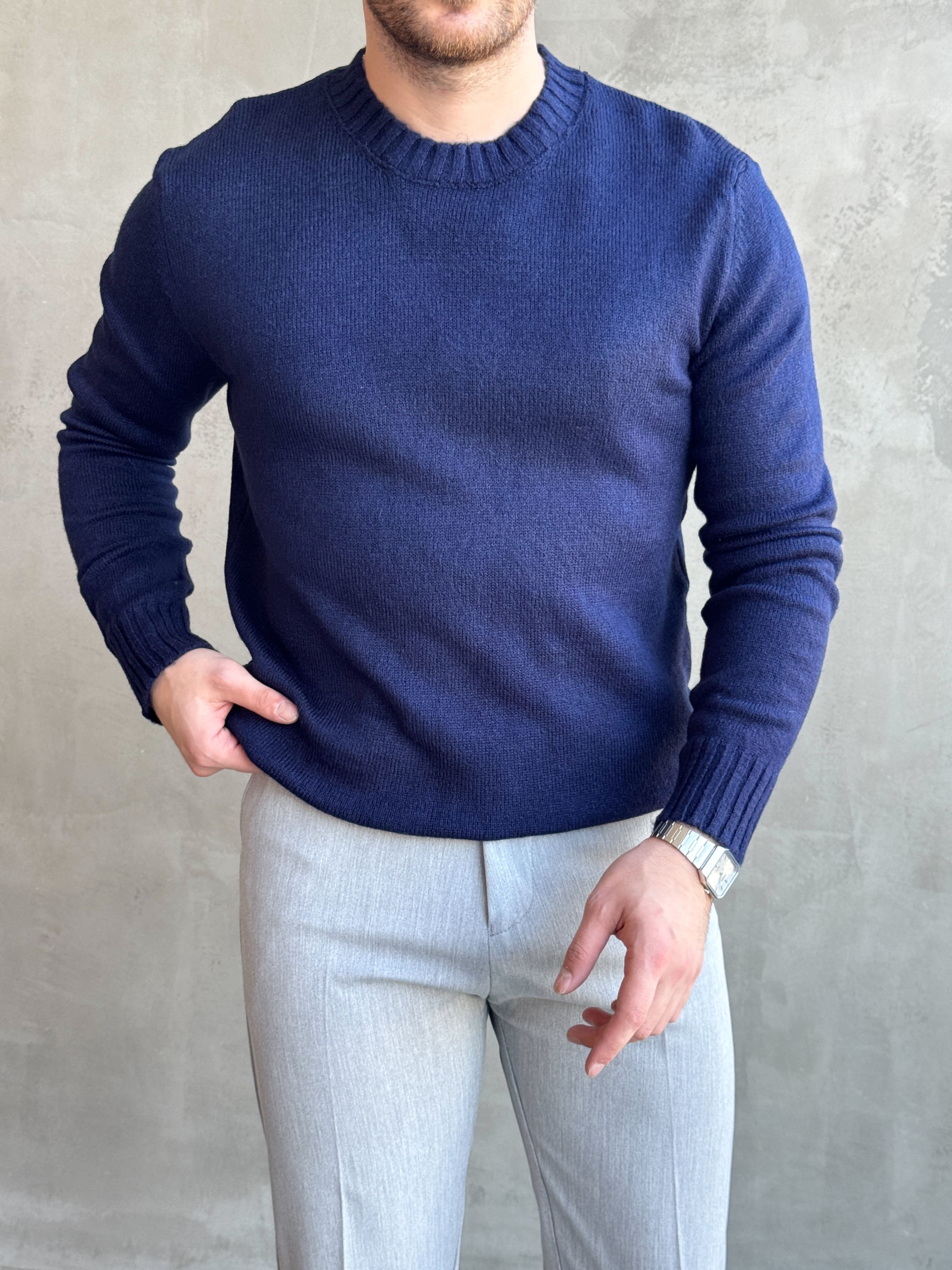 Erkek Trend Model Regular Kalıp Ribana Detaylı Bisiklet Yaka %50 Yün Triko Kazak-Lacivert(E1871)