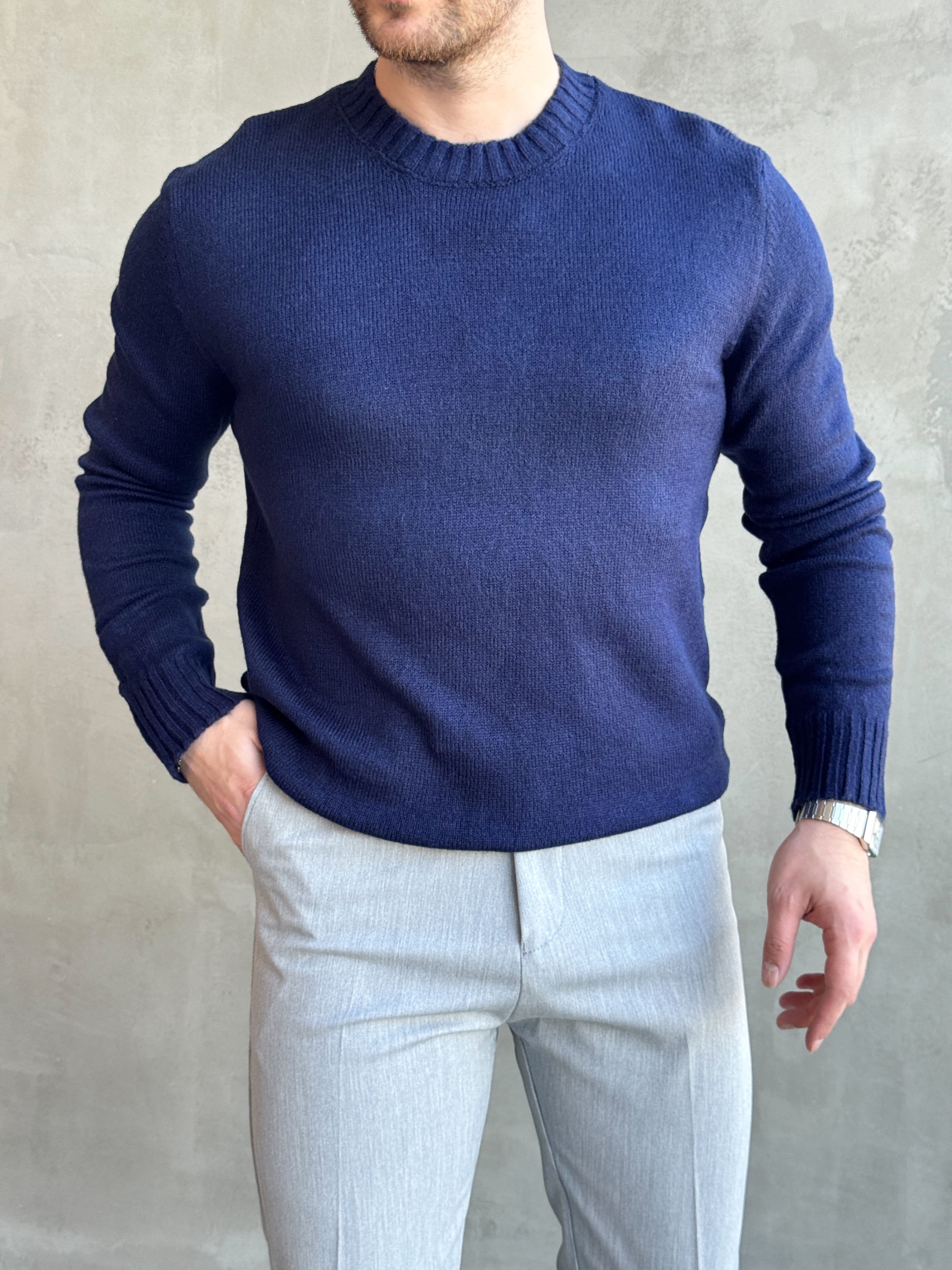 Erkek Trend Model Regular Kalıp Ribana Detaylı Bisiklet Yaka %50 Yün Triko Kazak-Lacivert(E1871)