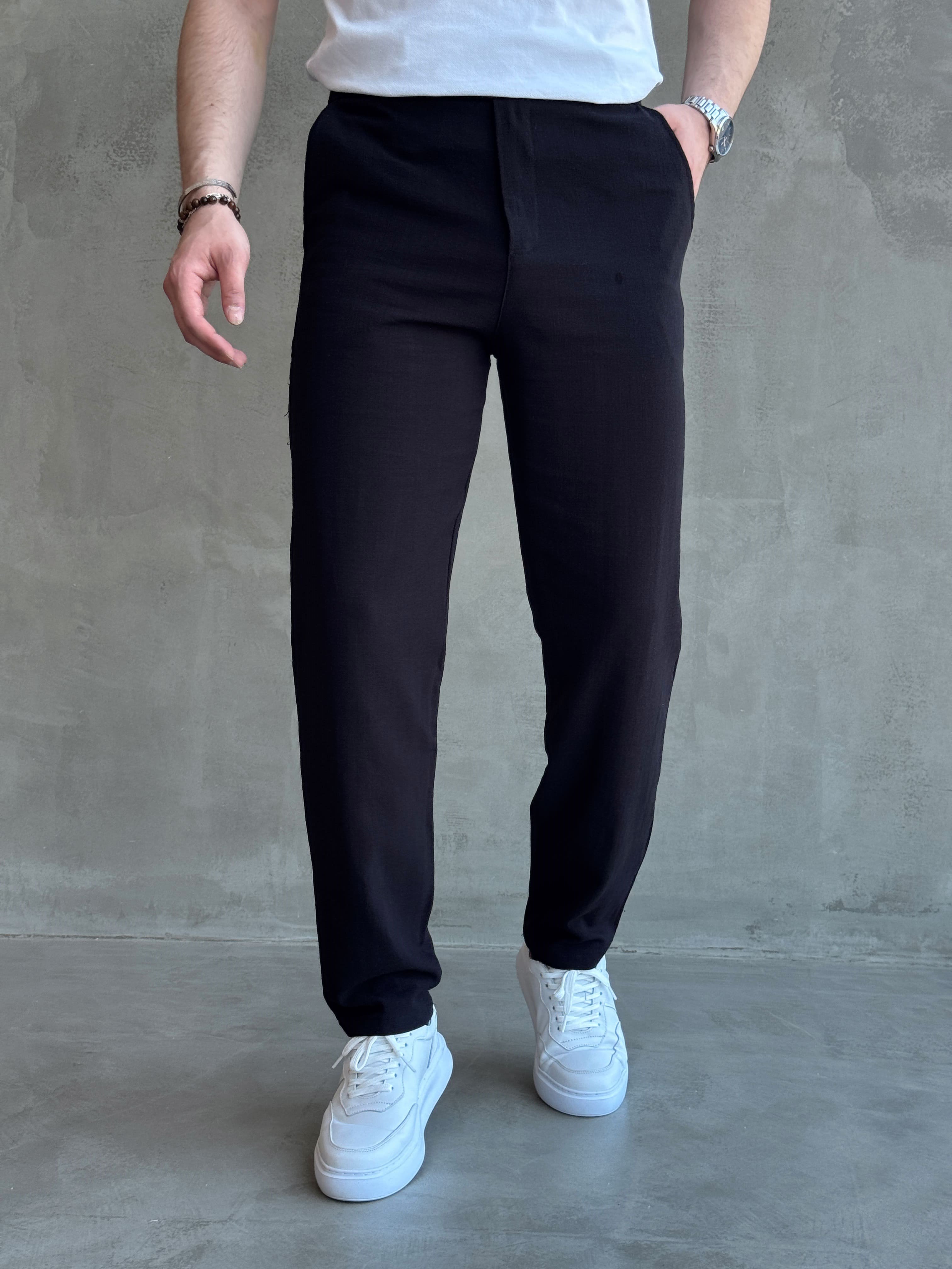 Erkek Trend Model Tercih Edilen Regular Kalıp Kopçalı Keten Kumaş Pantolon-Siyah(E1742)Ketench