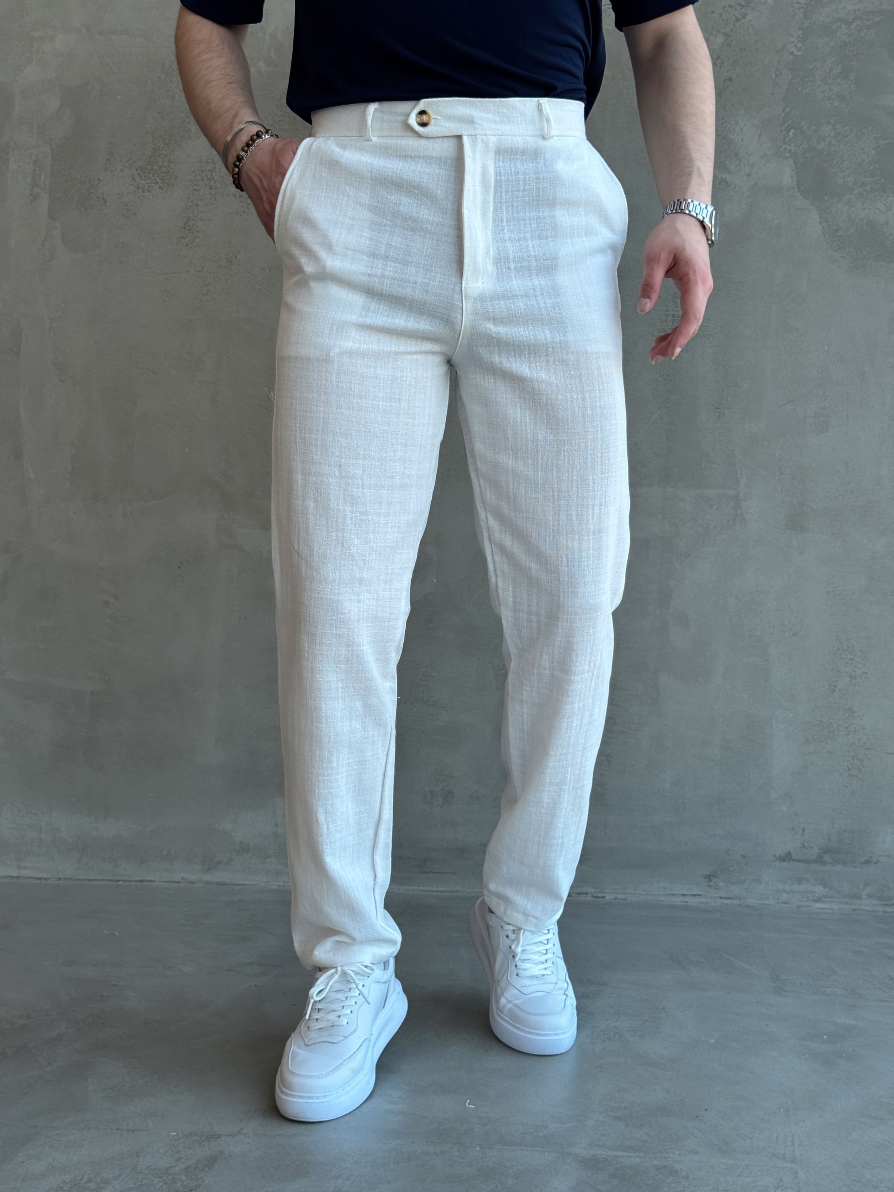 Erkek Trend Model Tercih Edilen Regular Kalıp Kopçalı Keten Kumaş Pantolon-Beyaz(E1742)Ketench
