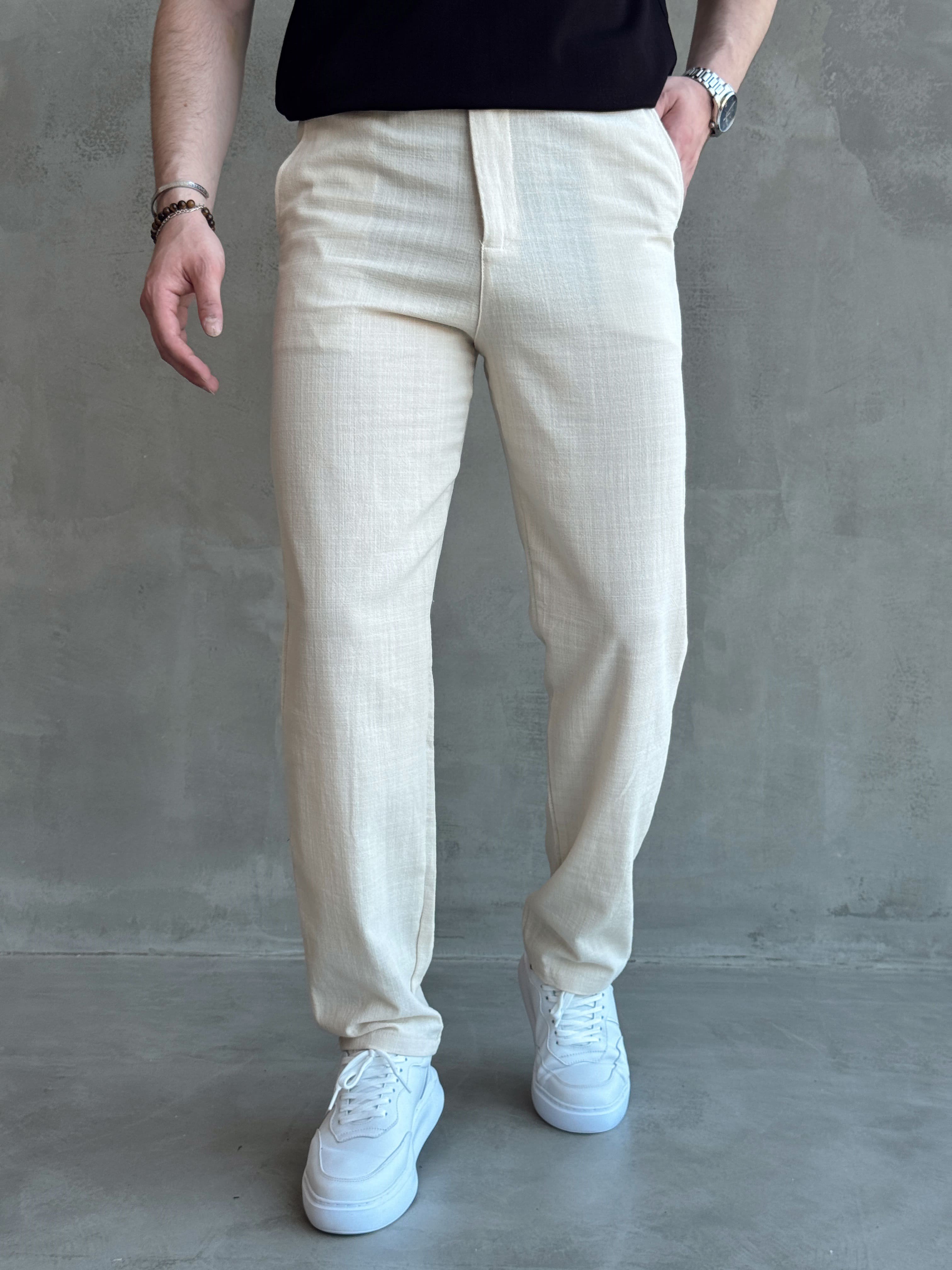Erkek Trend Model Tercih Edilen Regular Kalıp Kopçalı Keten Kumaş Pantolon-Krem(E1742)Ketench