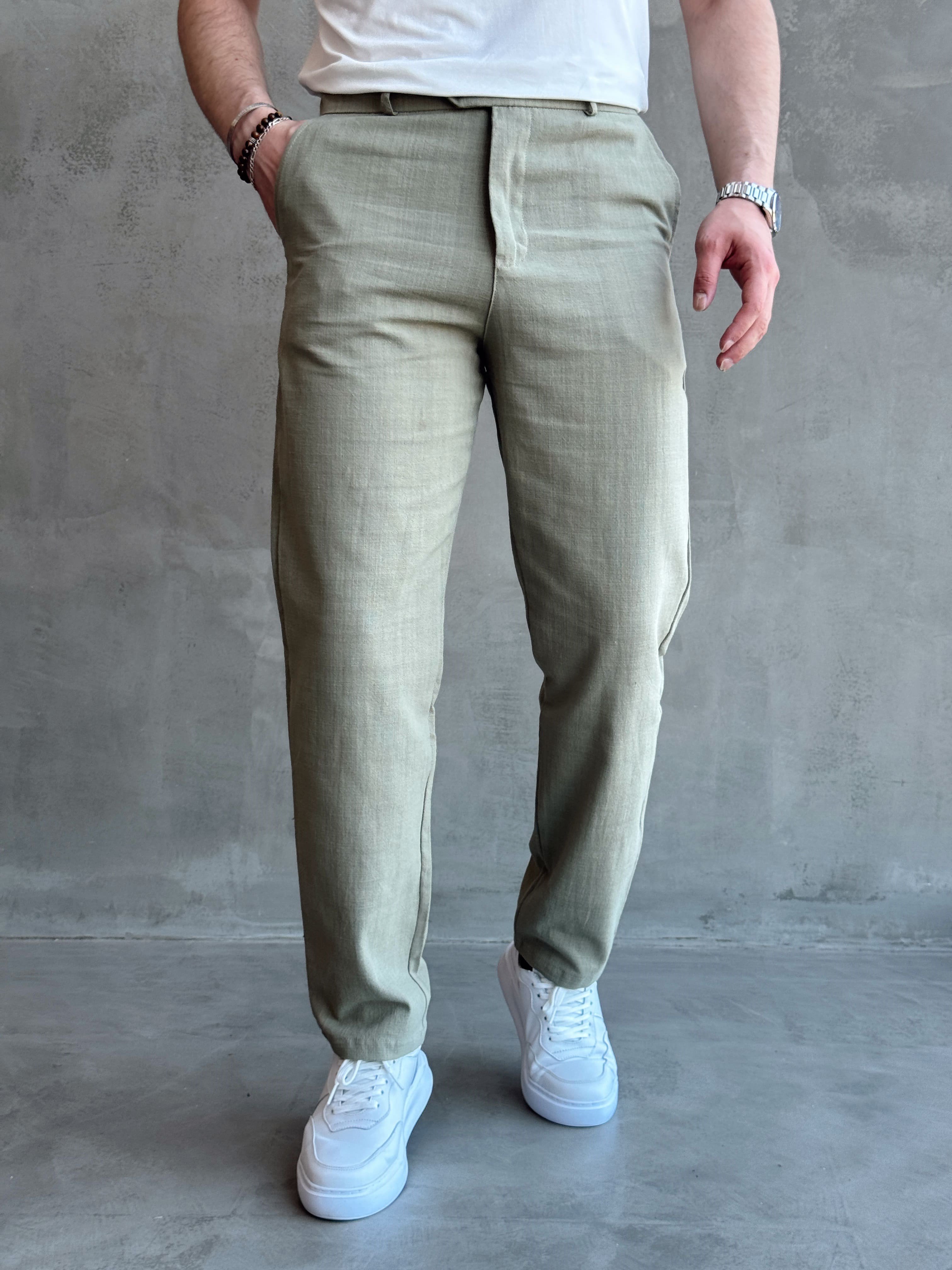 Erkek Trend Model Tercih Edilen Regular Kalıp Kopçalı Keten Kumaş Pantolon-Haki(E1742)Ketench