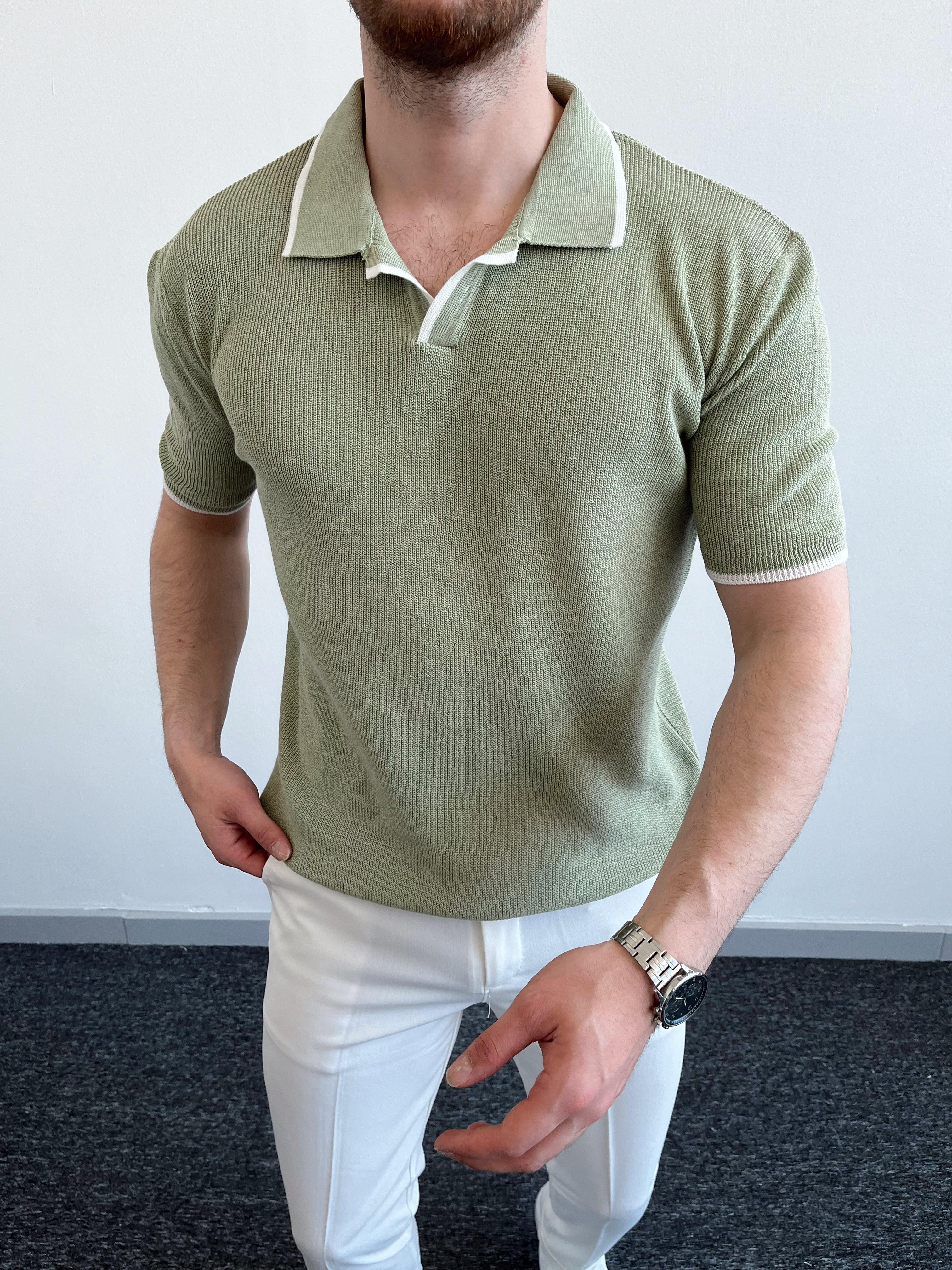 Erkek Yaka Çizgi Detaylı Polo Yaka Triko T-Shirt-Yeşil(E1074)Ketench