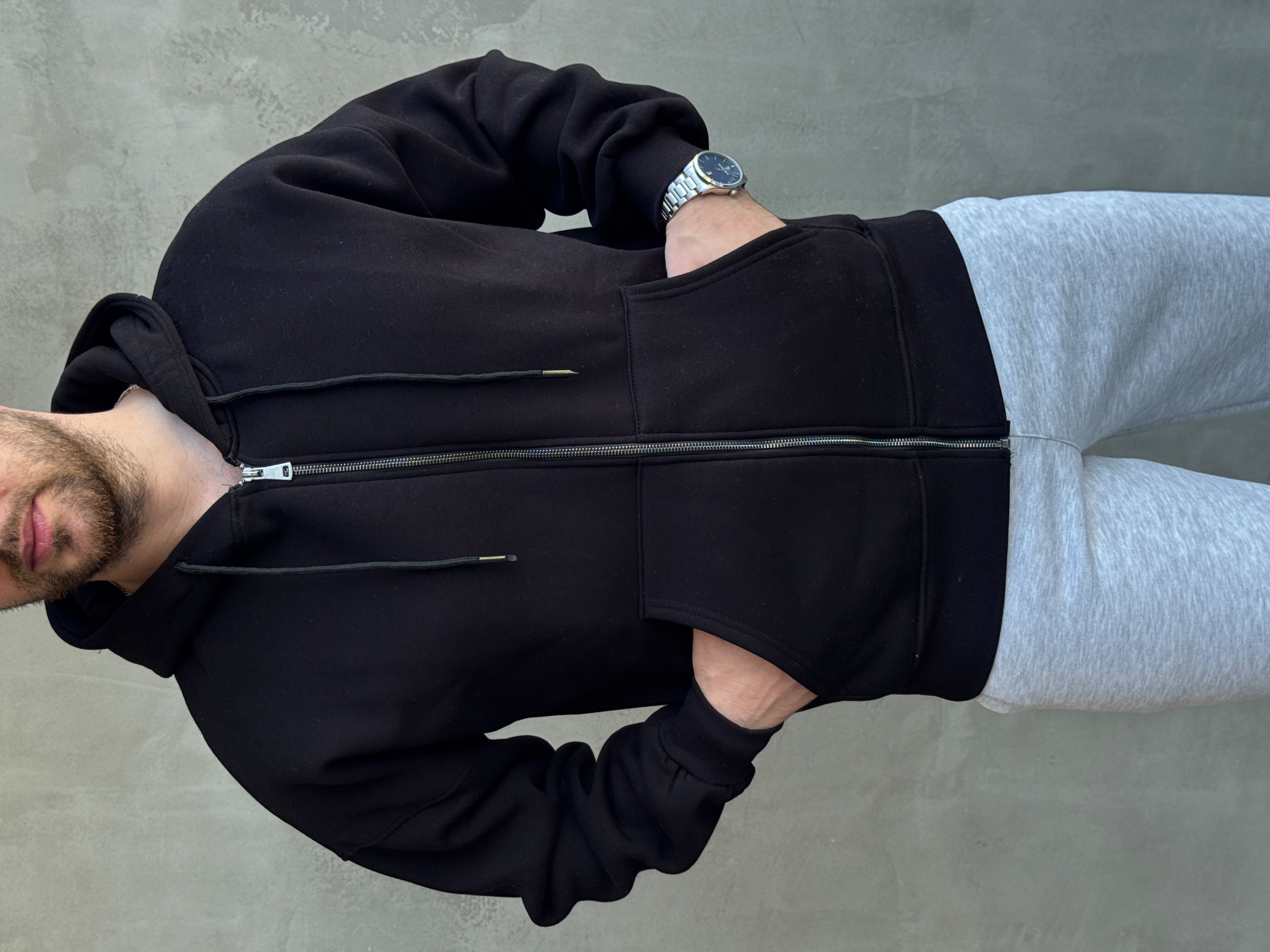 Erkek Yani Sezon Oversize Kalıp Kapüşonlu 3 İplik Zip Sweat-Siyah(E1805)