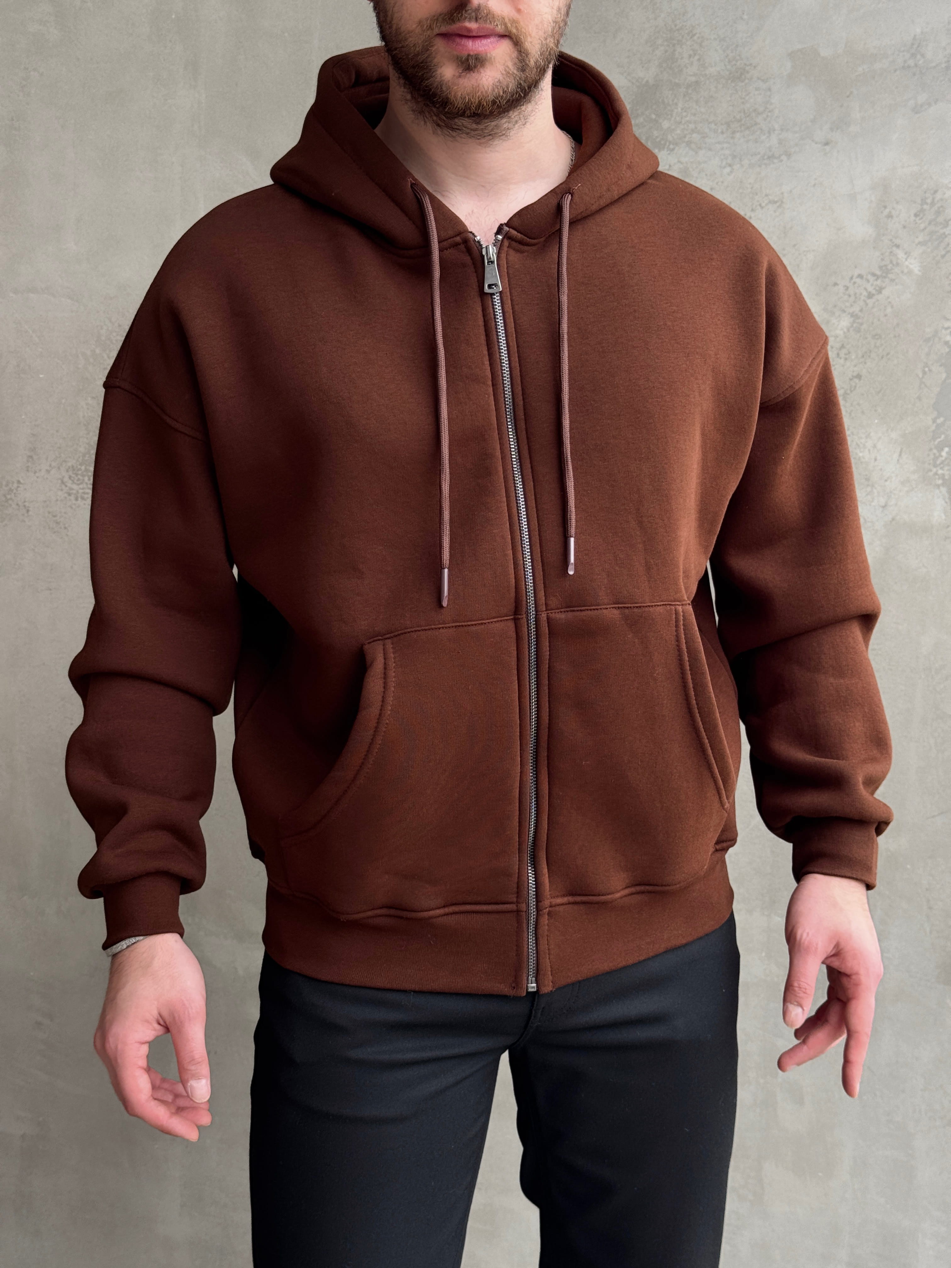Erkek Yani Sezon Oversize Kalıp Kapüşonlu 3 İplik Zip Sweat-Kahverengi(E1805)