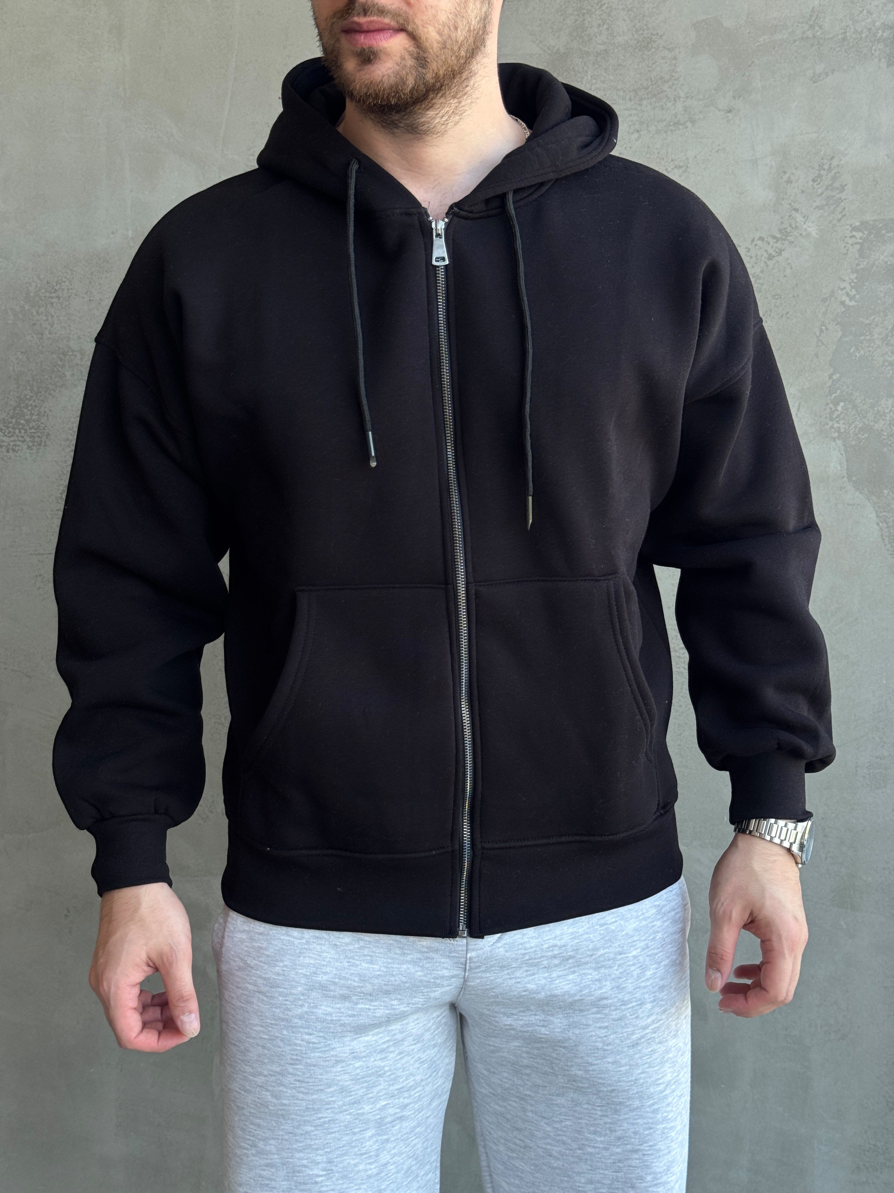 Erkek Yani Sezon Oversize Kalıp Kapüşonlu 3 İplik Zip Sweat-Siyah(E1805)