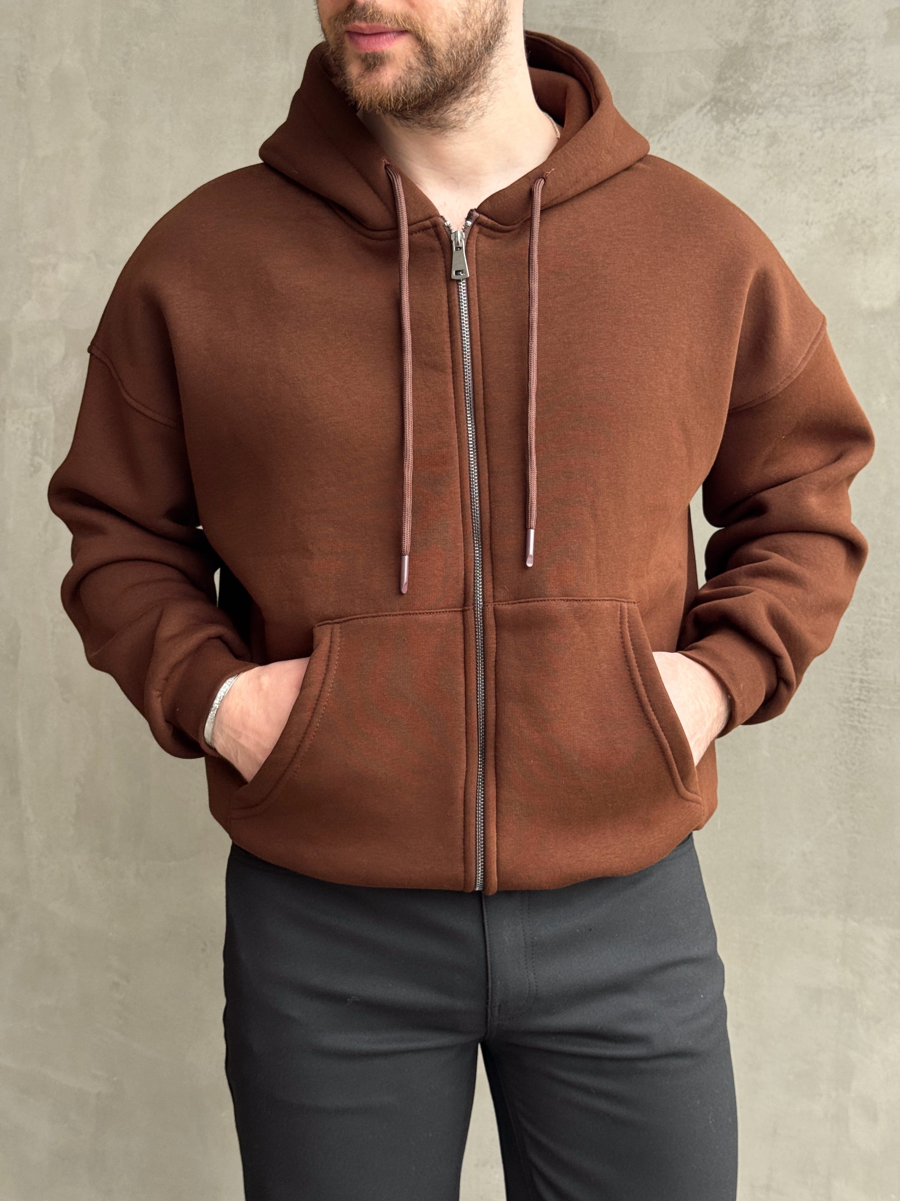 Erkek Yani Sezon Oversize Kalıp Kapüşonlu 3 İplik Zip Sweat-Kahverengi(E1805)