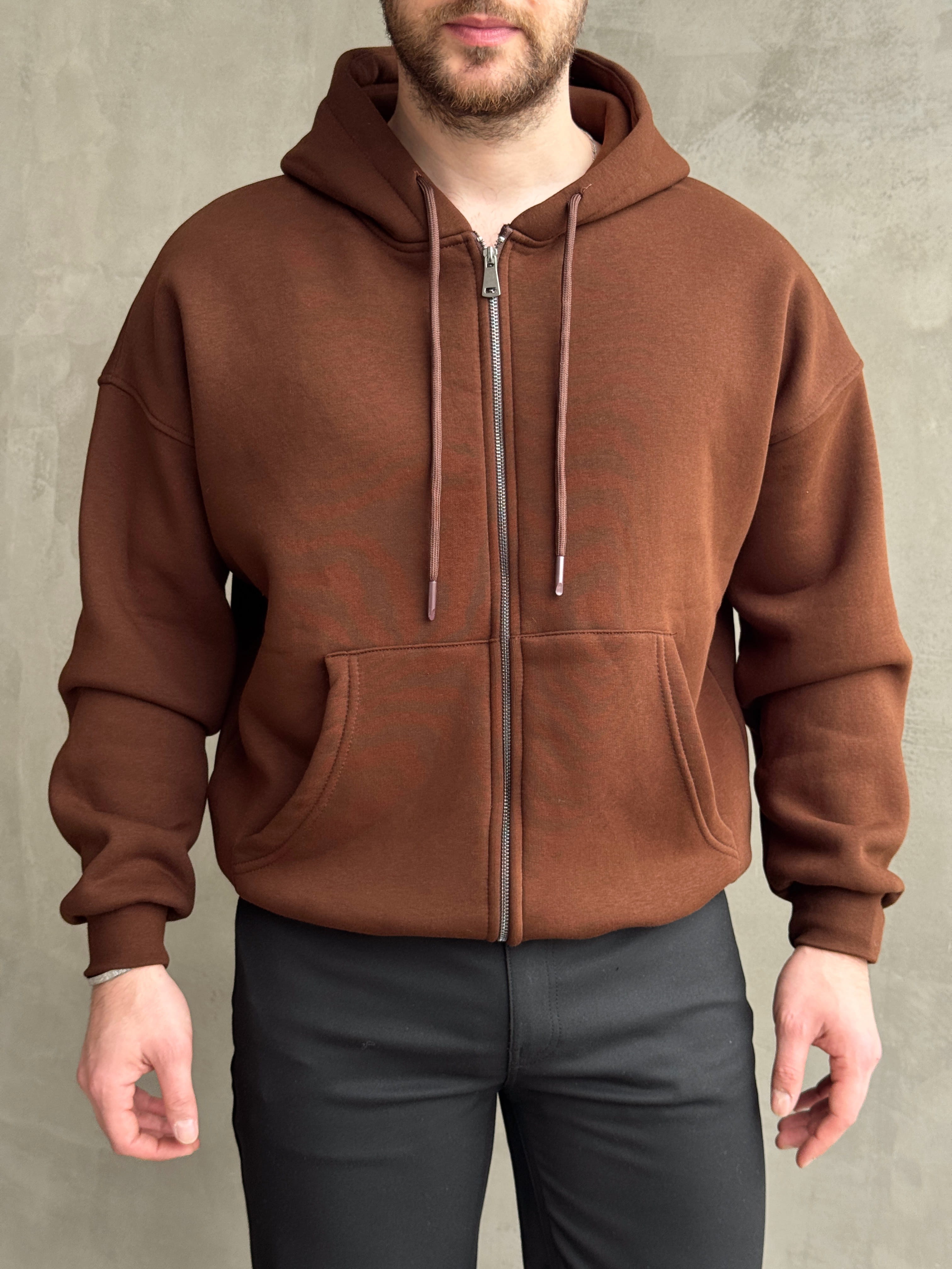 Erkek Yani Sezon Oversize Kalıp Kapüşonlu 3 İplik Zip Sweat-Kahverengi(E1805)