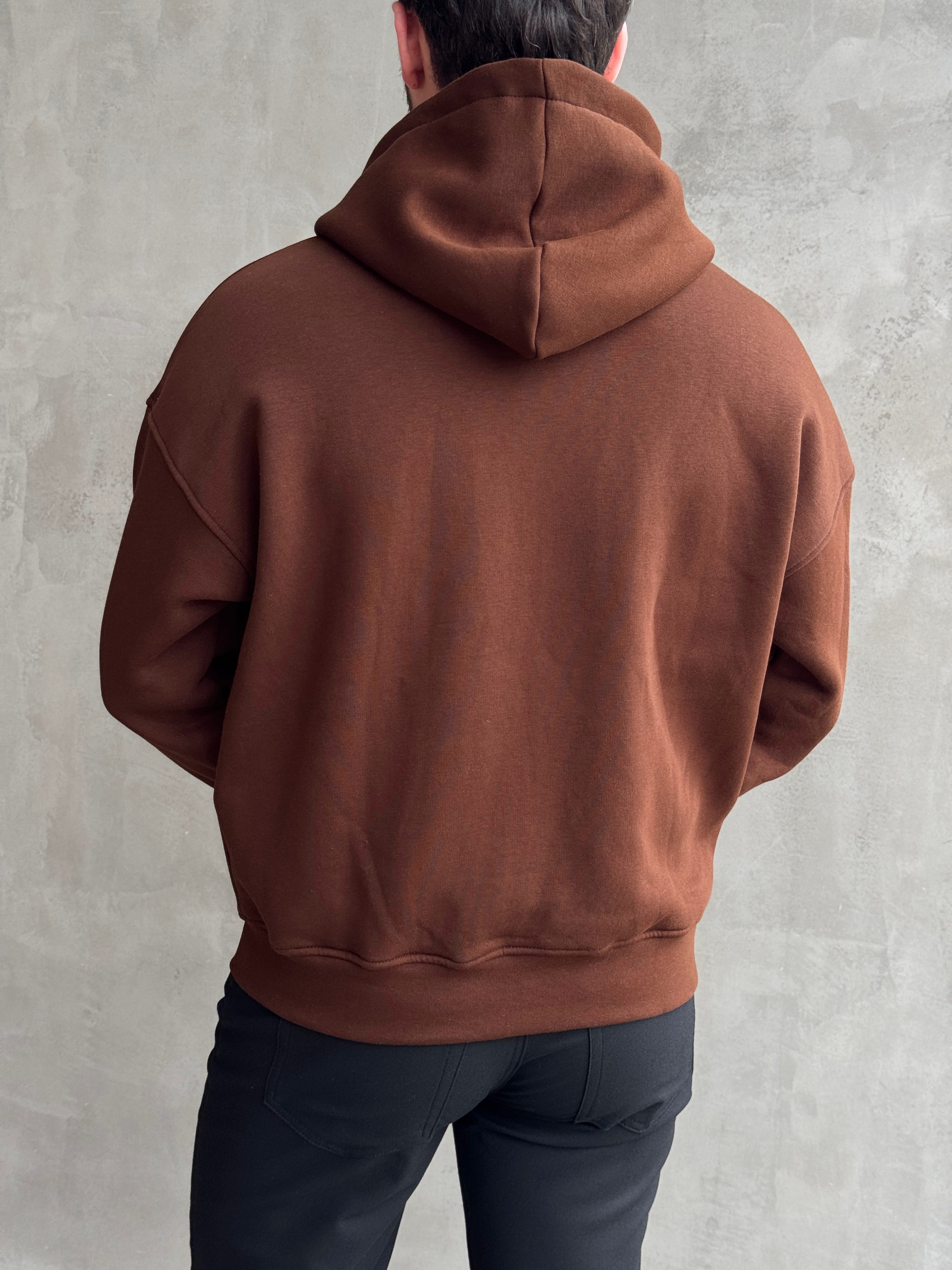 Erkek Yani Sezon Oversize Kalıp Kapüşonlu 3 İplik Zip Sweat-Kahverengi(E1805)