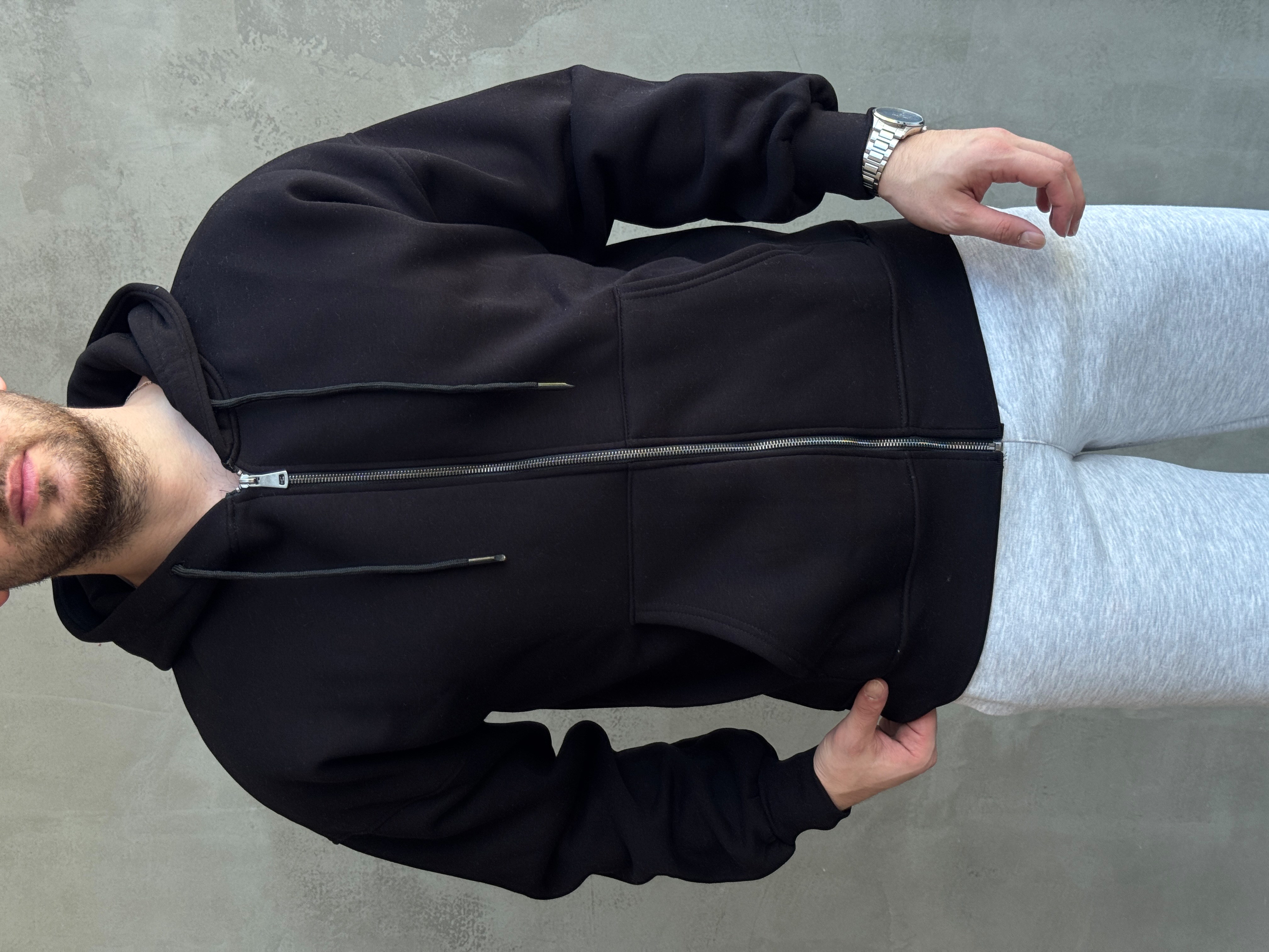 Erkek Yani Sezon Oversize Kalıp Kapüşonlu 3 İplik Zip Sweat-Siyah(E1805)Ketench