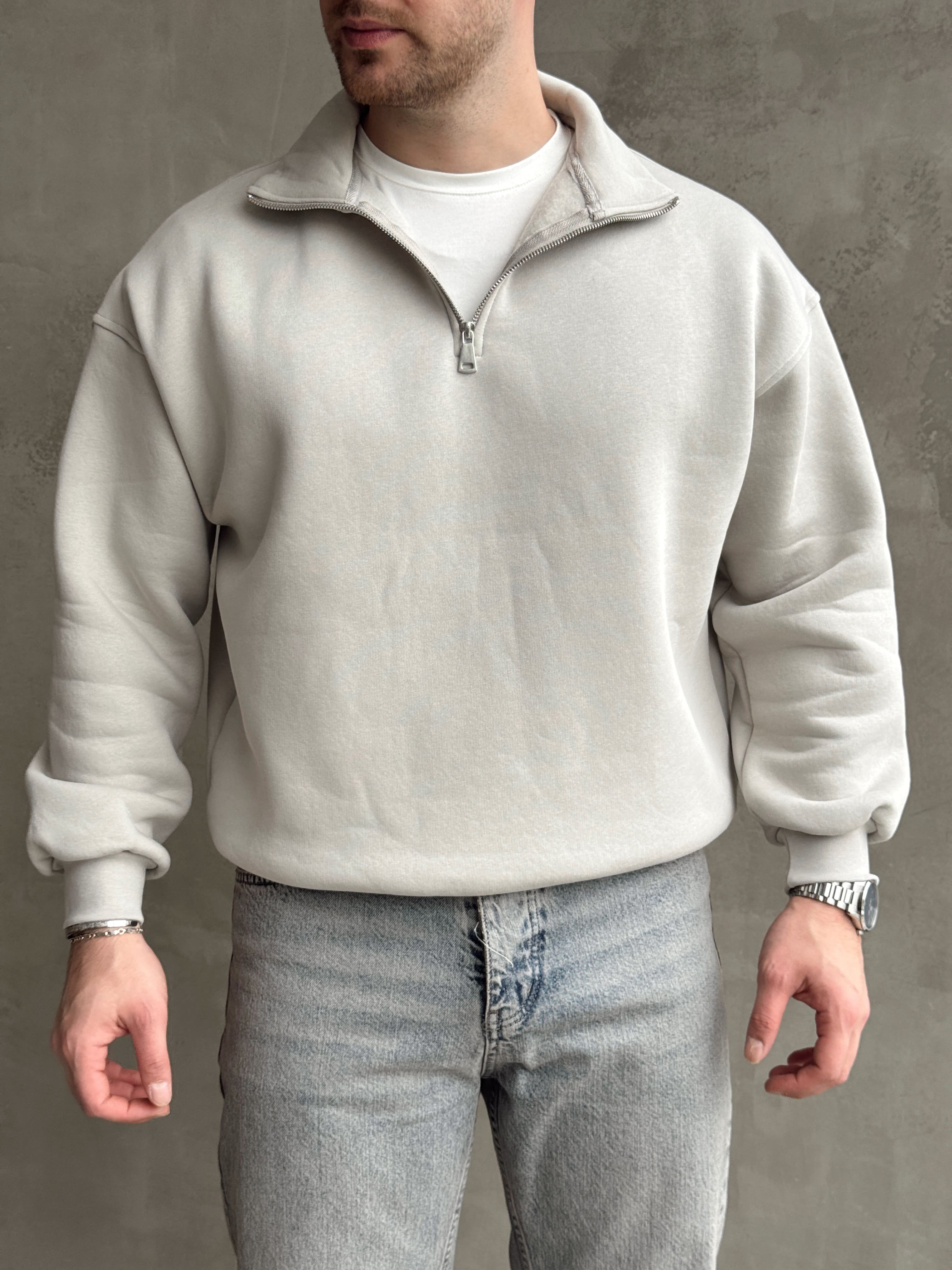 Erkek Yani Sezon Oversize Kalıp Yarım Fermuarlı 3 İplik Basic Sweat-Gri(E1806)