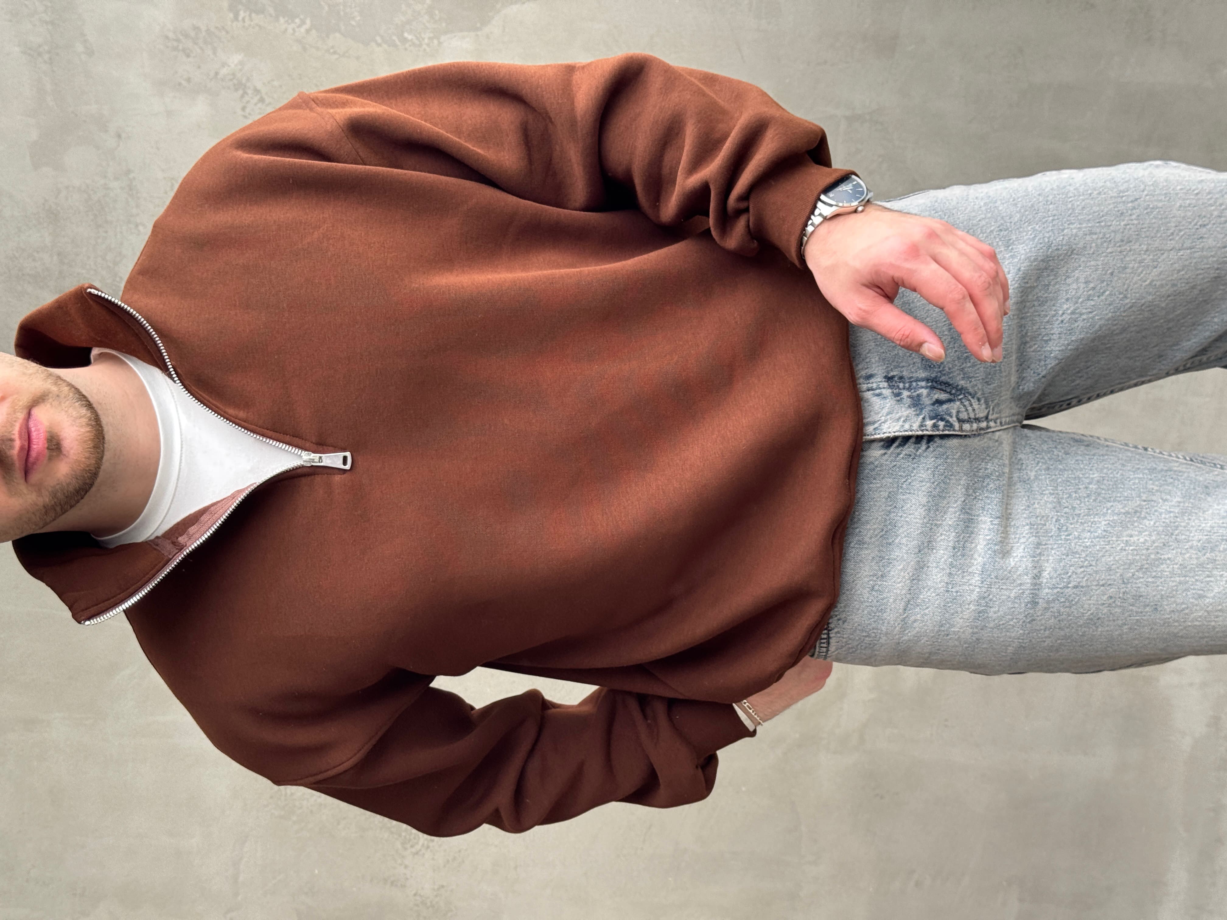 Erkek Yani Sezon Oversize Kalıp Yarım Fermuarlı 3 İplik Basic Sweat-Kahverengi(E1806)