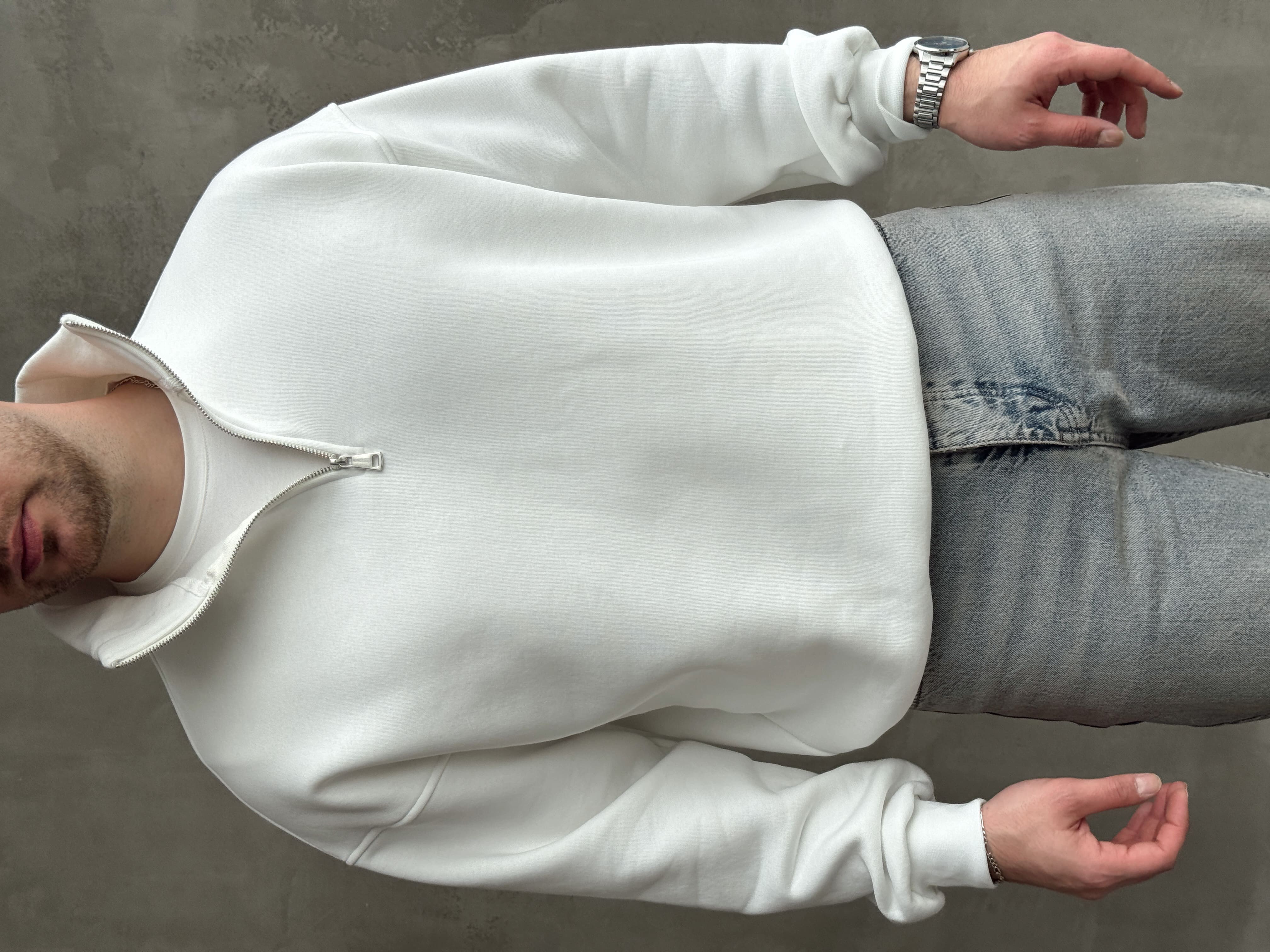 Erkek Yani Sezon Oversize Kalıp Yarım Fermuarlı 3 İplik Basic Sweat-Beyaz(E1806)