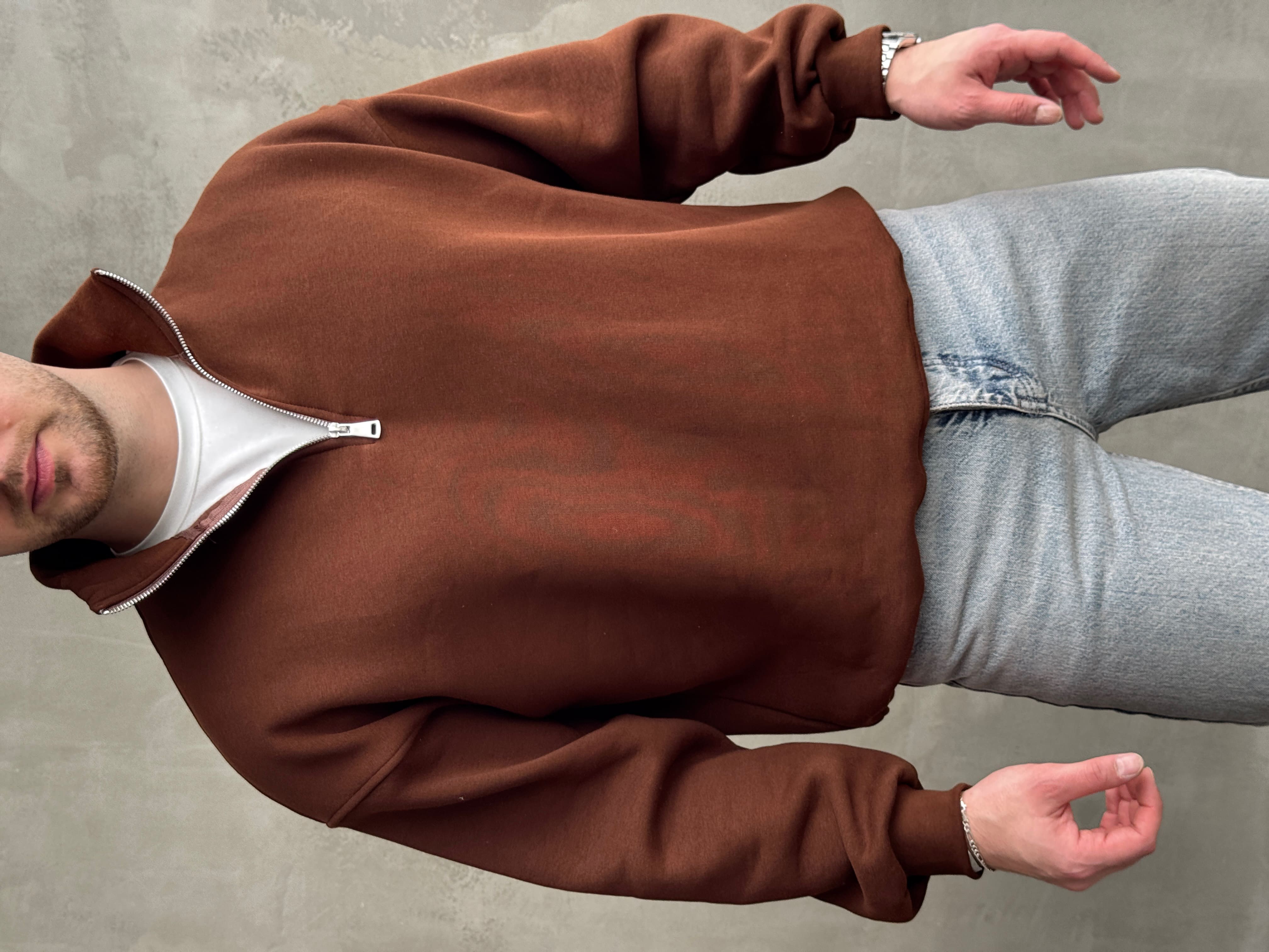 Erkek Yani Sezon Oversize Kalıp Yarım Fermuarlı 3 İplik Basic Sweat-Kahverengi(E1806)