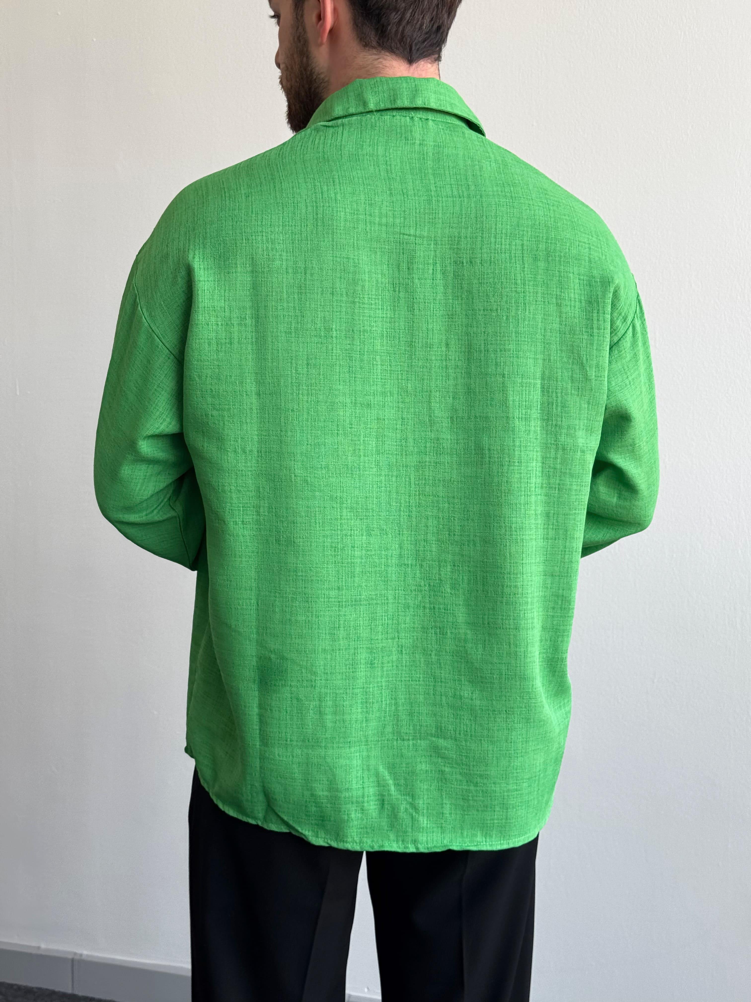 Erkek Yaz Stilinin Vazgeçilmezi Oversize Kalıp Doğal Dokulu Keten Gömlek-Yeşil(E1401)