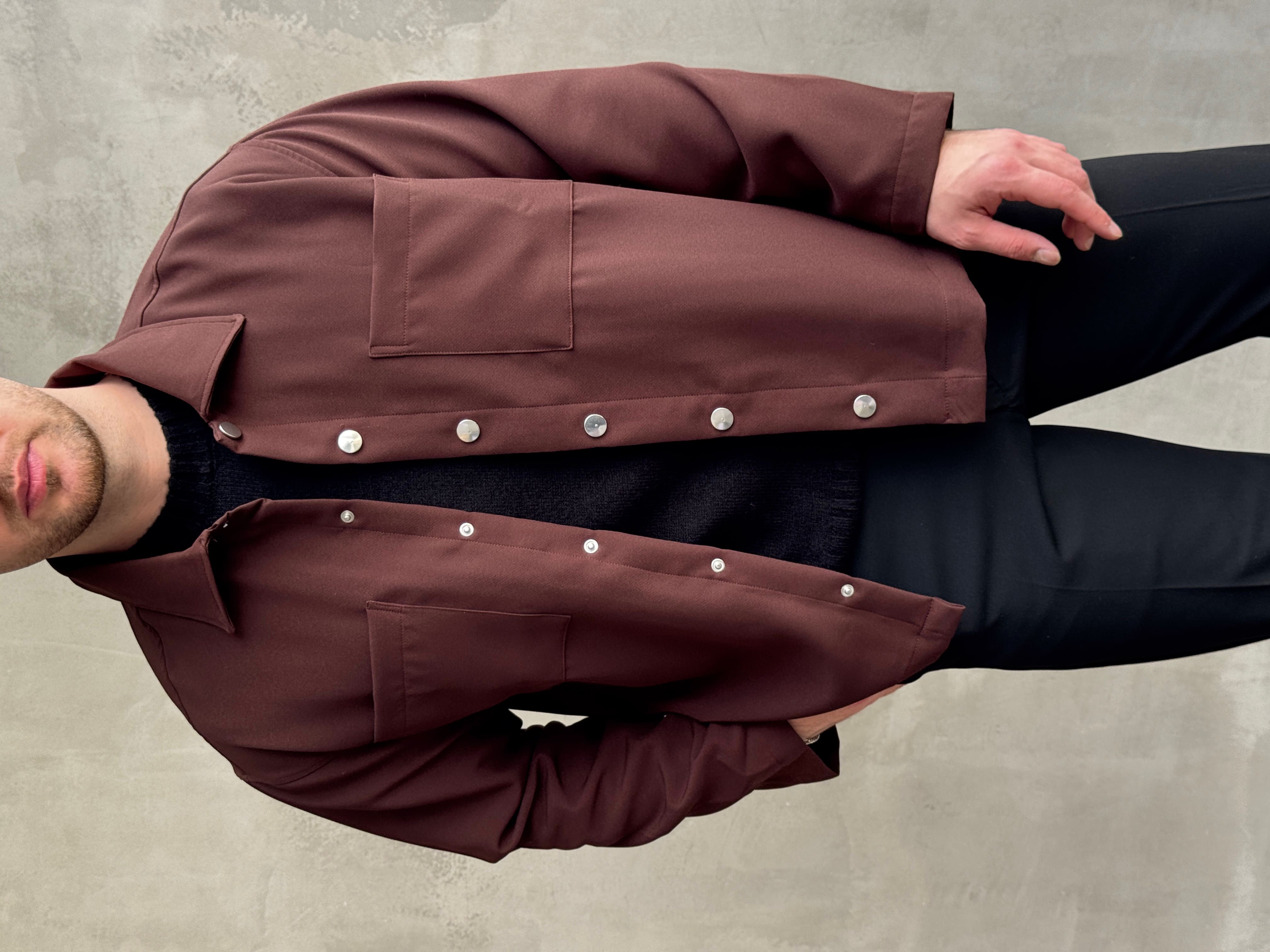 Erkek Yeni Sezon Boxy Fit Çıtçıt Detaylı Mevsimlik Kumaş Gömlek Ceket-Kahverengi(E1824)