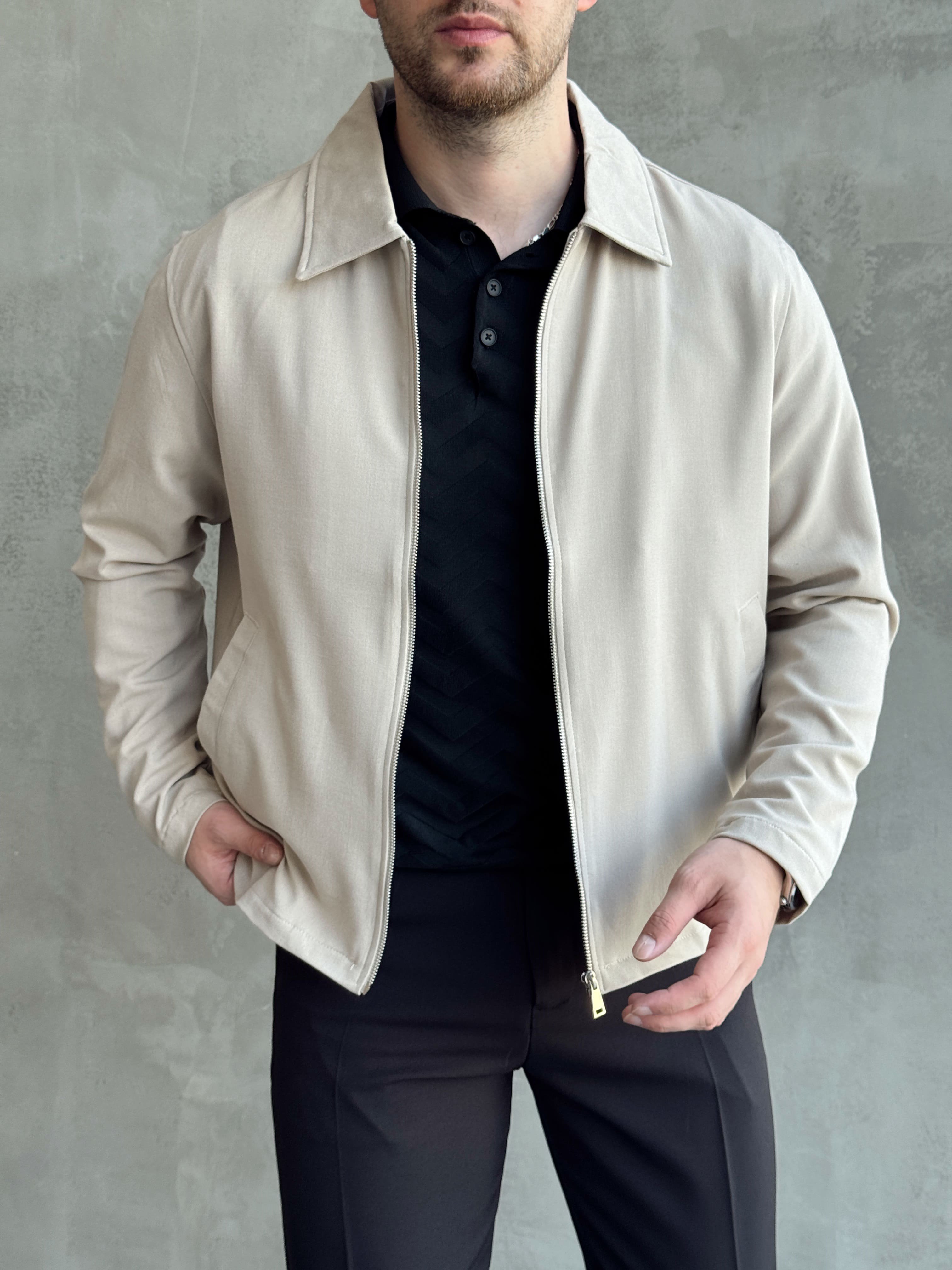 Erkek Yeni Sezon Oversize Kalıp İçi Astarlı Gabardin Kumaş Ceket-Bej(E1797)