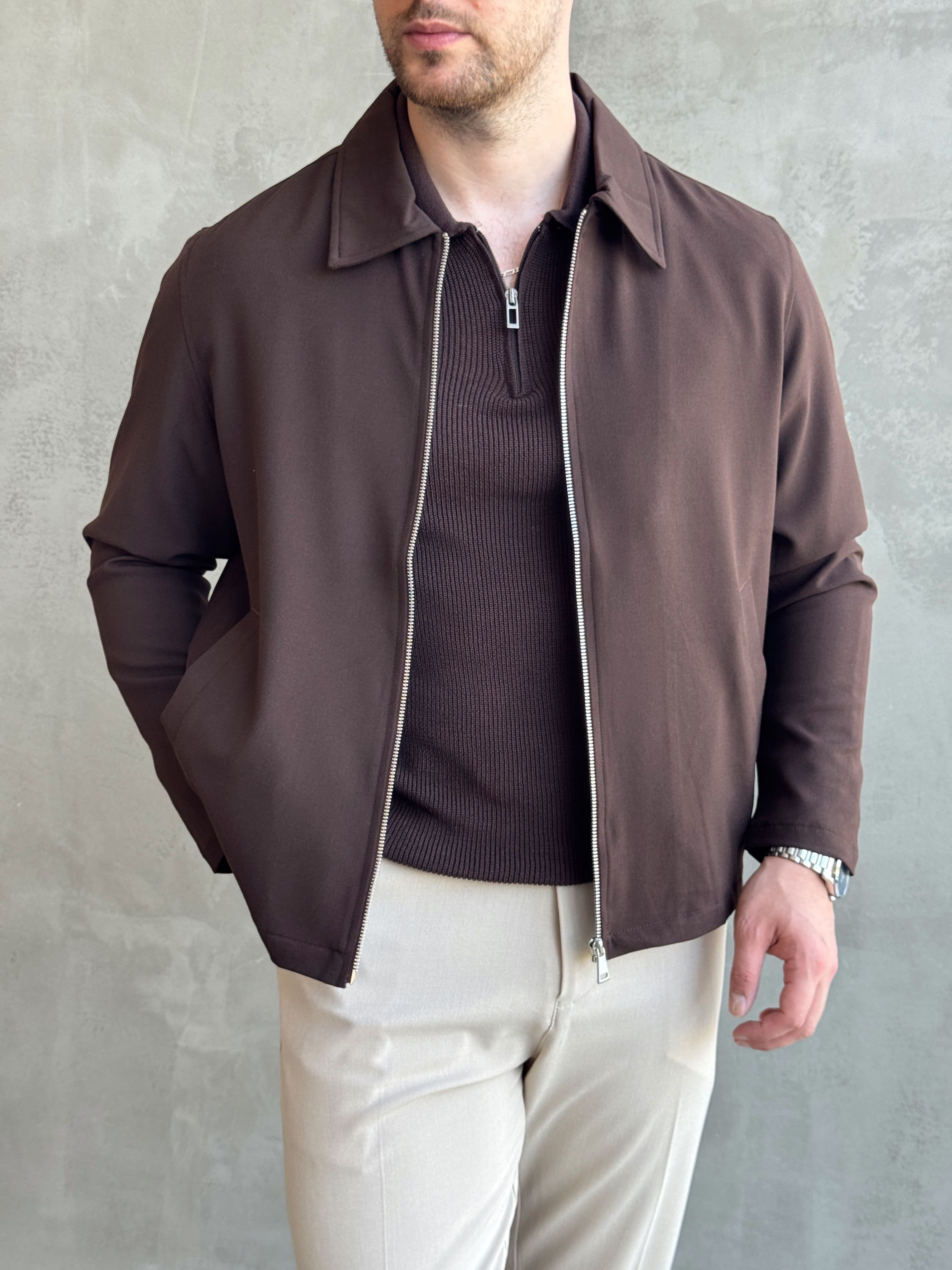 Erkek Yeni Sezon Oversize Kalıp İçi Astarlı Gabardin Kumaş Ceket-Kahverengi(E1797)