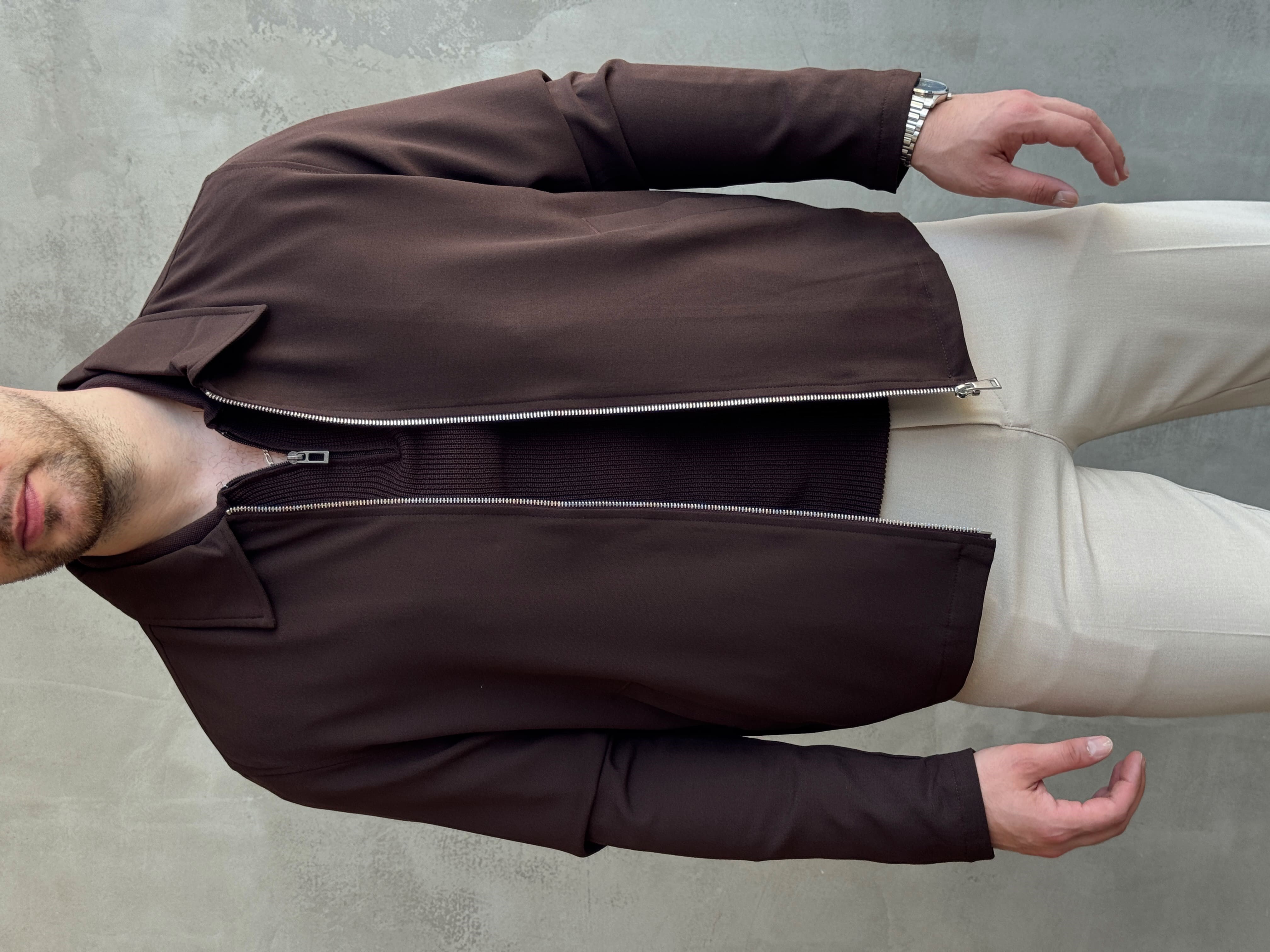 Erkek Yeni Sezon Oversize Kalıp İçi Astarlı Gabardin Kumaş Ceket-Kahverengi(E1797)