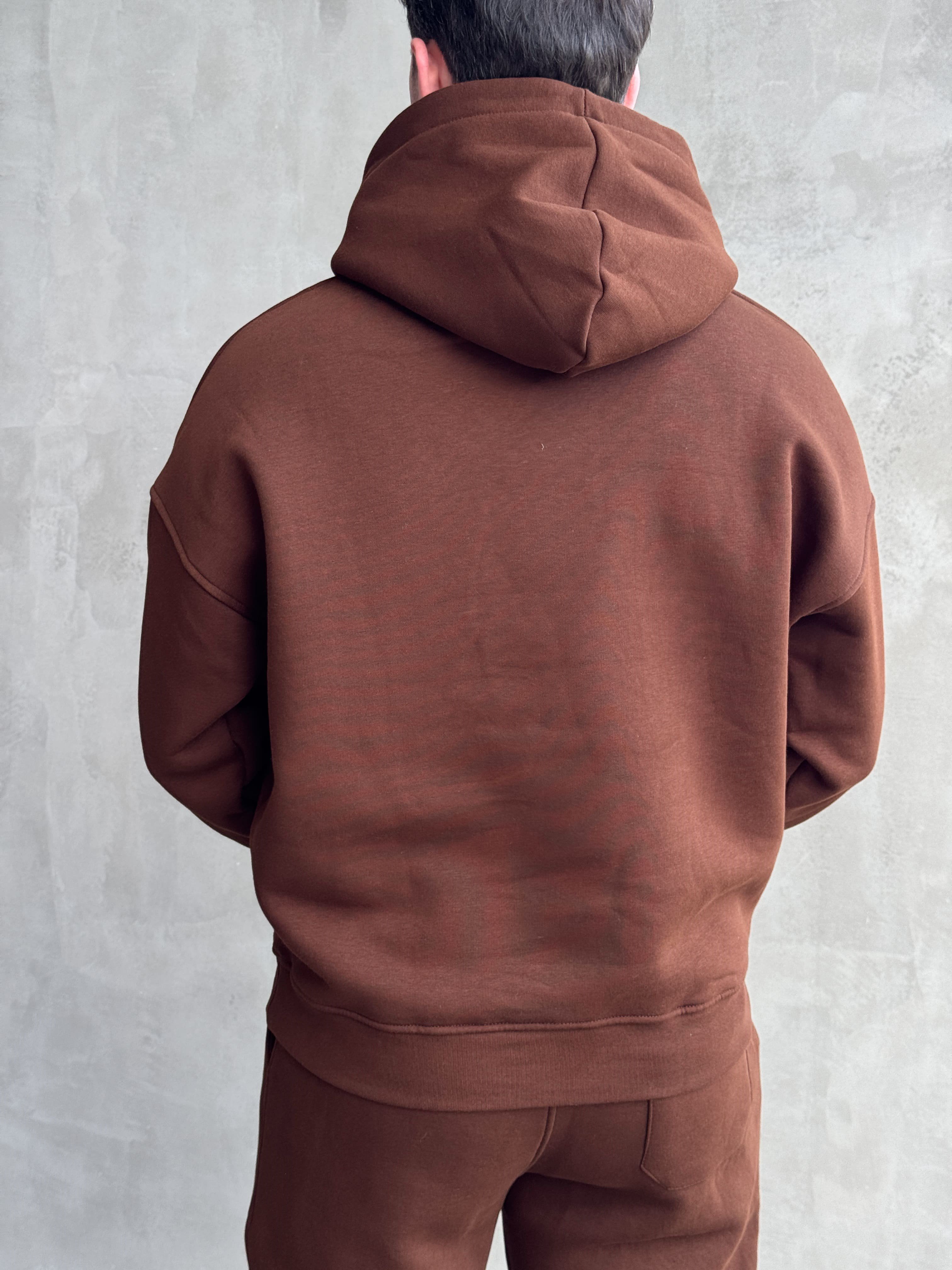 Erkek Yeni Sezon Oversize Kalıp Kapüşonlu Kanguru Cepli Basic 3 İplik Sweat-Kahverengi(E1802)