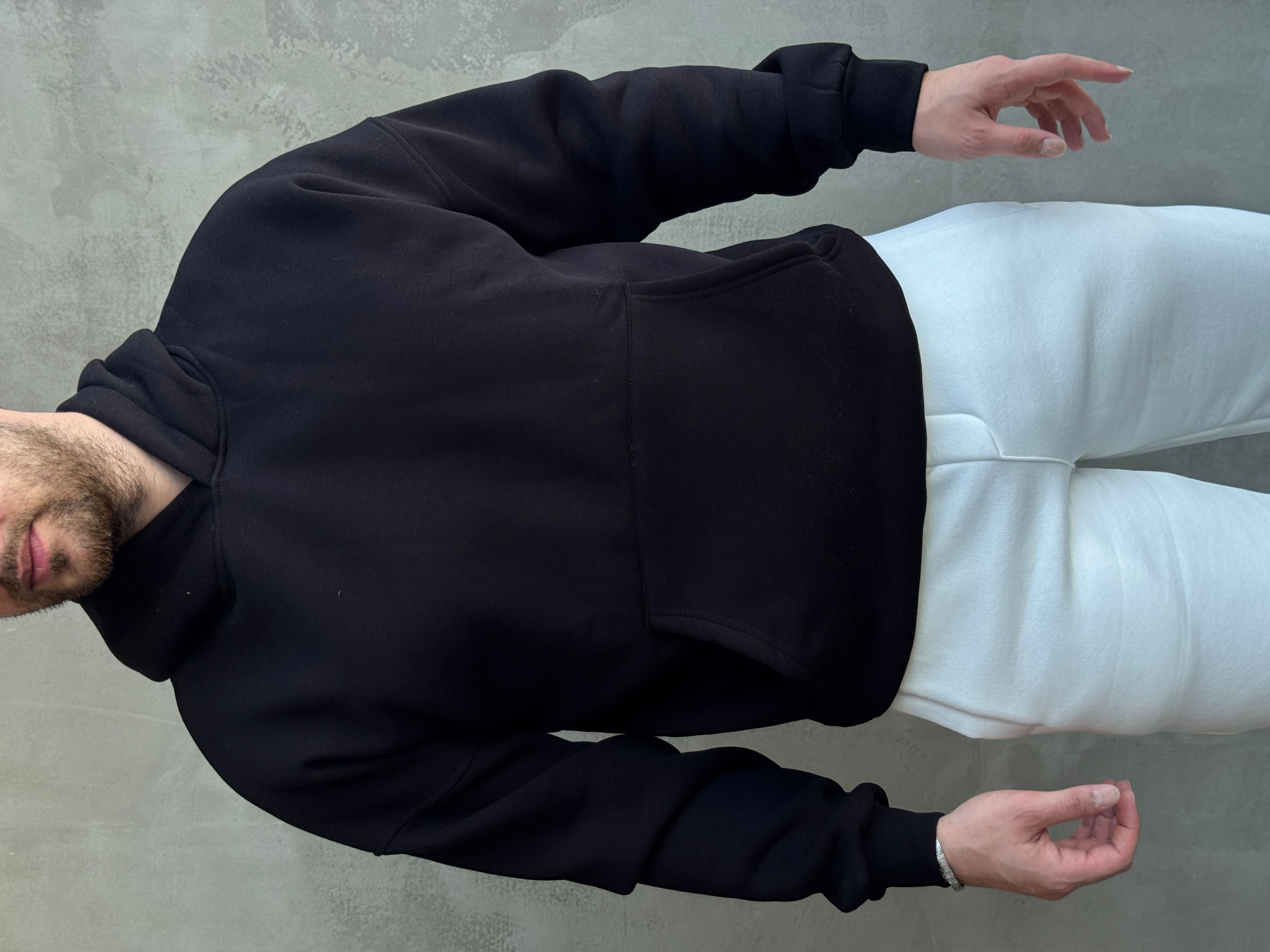 Erkek Yeni Sezon Oversize Kalıp Kapüşonlu Kanguru Cepli Basic 3 İplik Sweat-Siyah(E1802)